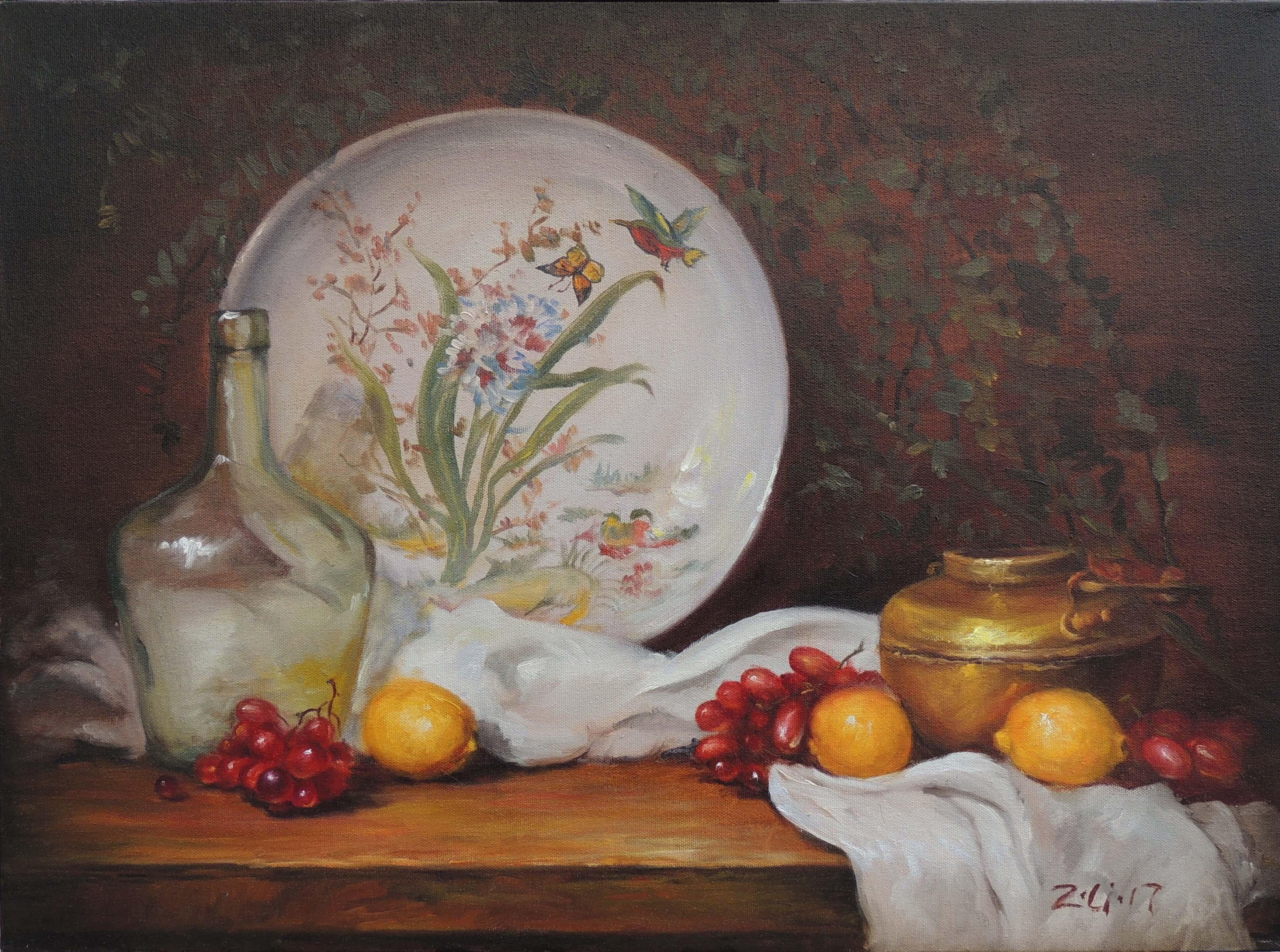 Chinese Painted Plate and Brass Pot, Oil Painting - Art by Zhi Li