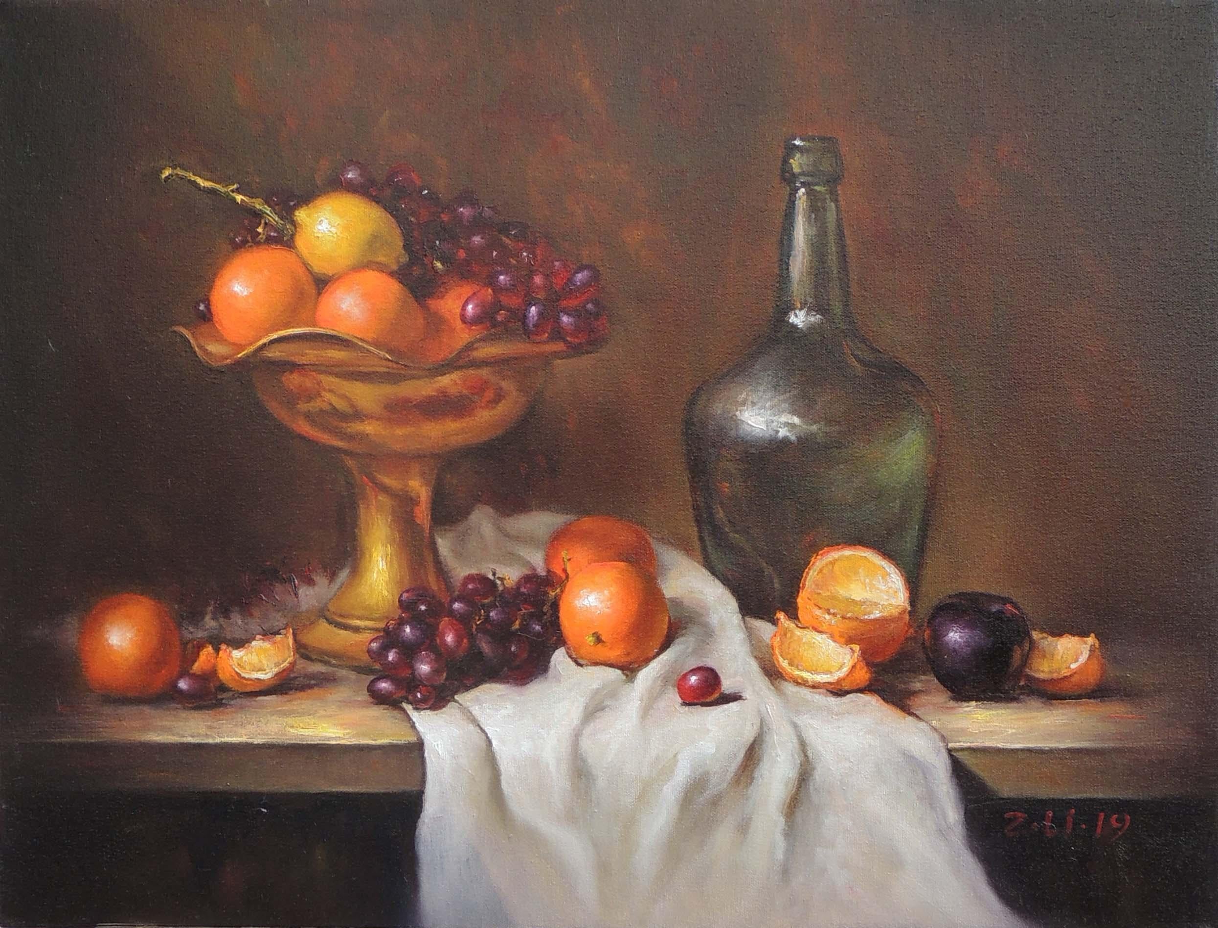 Copper Plate with Fruit, Oil Painting - Art by Zhi Li