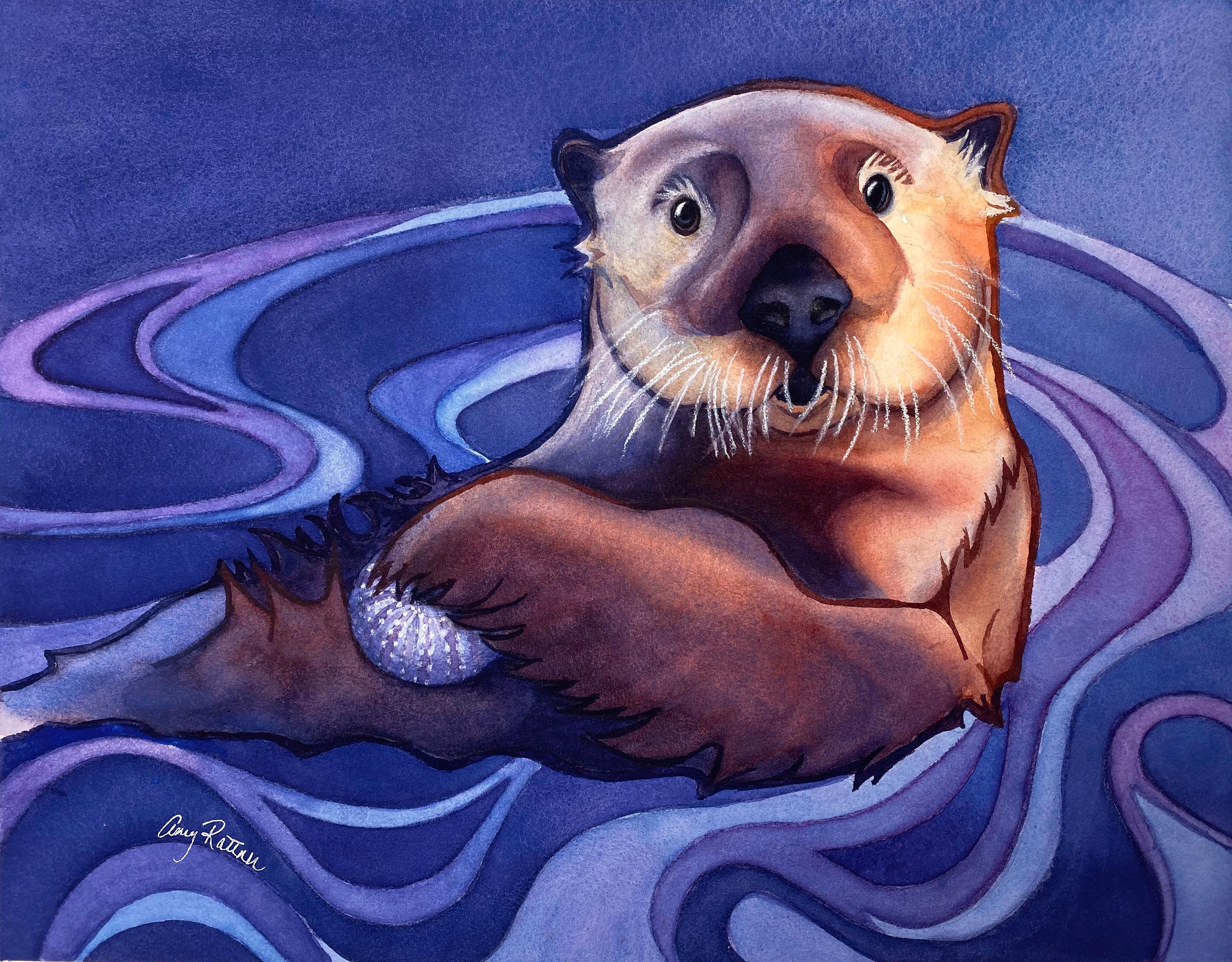 Amy Rattner Animal Art - Sea Otter Snack, Original Painting