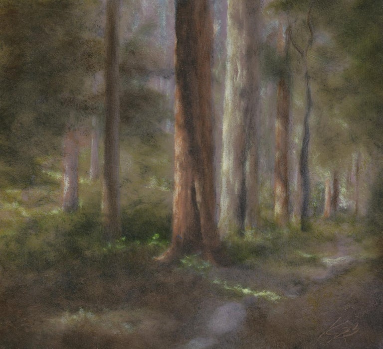 California Landscape Impressionist Watercolor Painting Peaceful Redwood Forest Grove