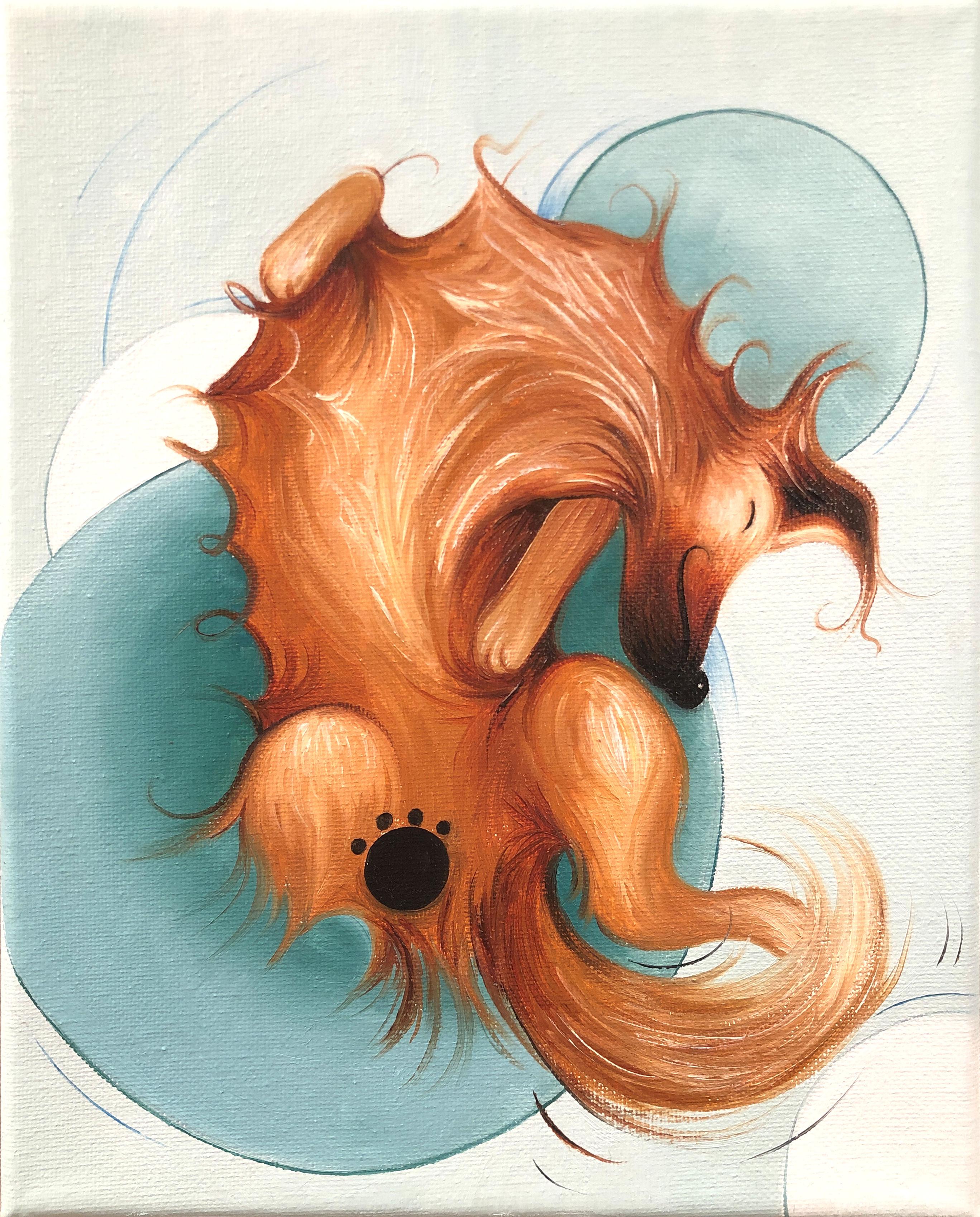 Sumner Crenshaw Animal Painting - Pretzel Pup, Oil Painting