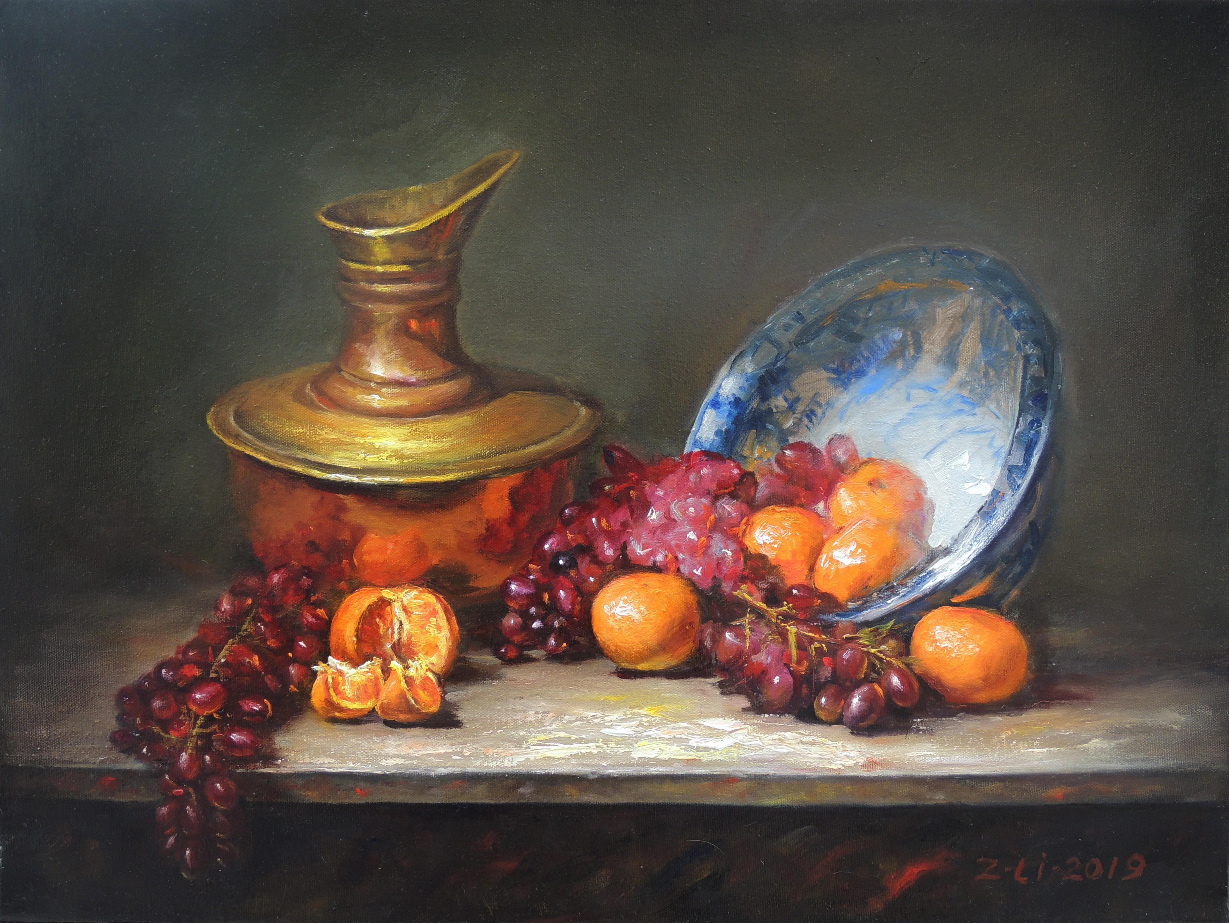 Zhi Li Still-Life Painting - Blue and White Bowl, Copper Pot and Fruit, Oil Painting