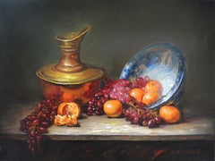 Blue and White Bowl, Copper Pot and Fruit, Oil Painting