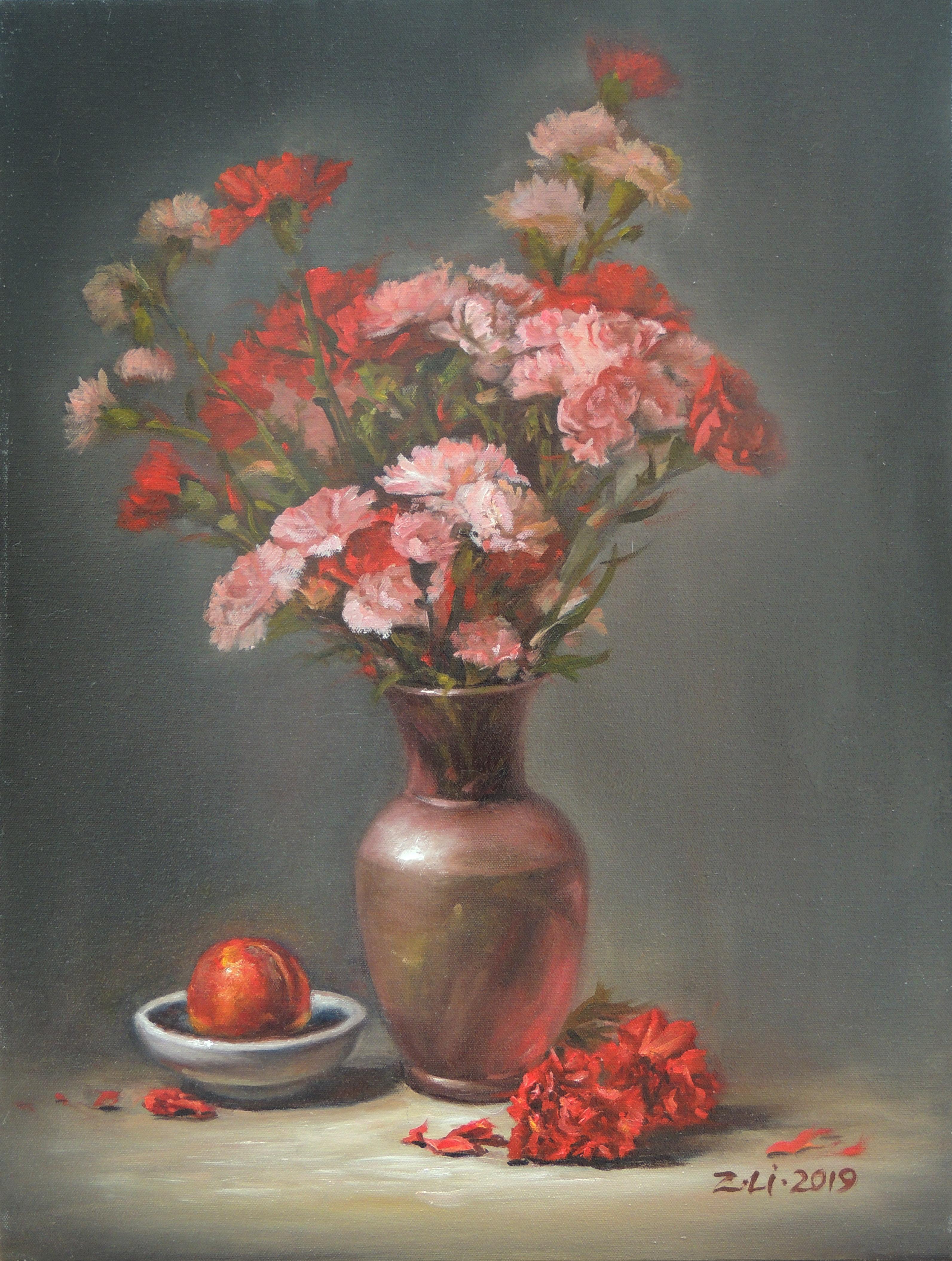 Zhi Li Still-Life Painting - Carnations in Pink Vase with Peach, Oil Painting