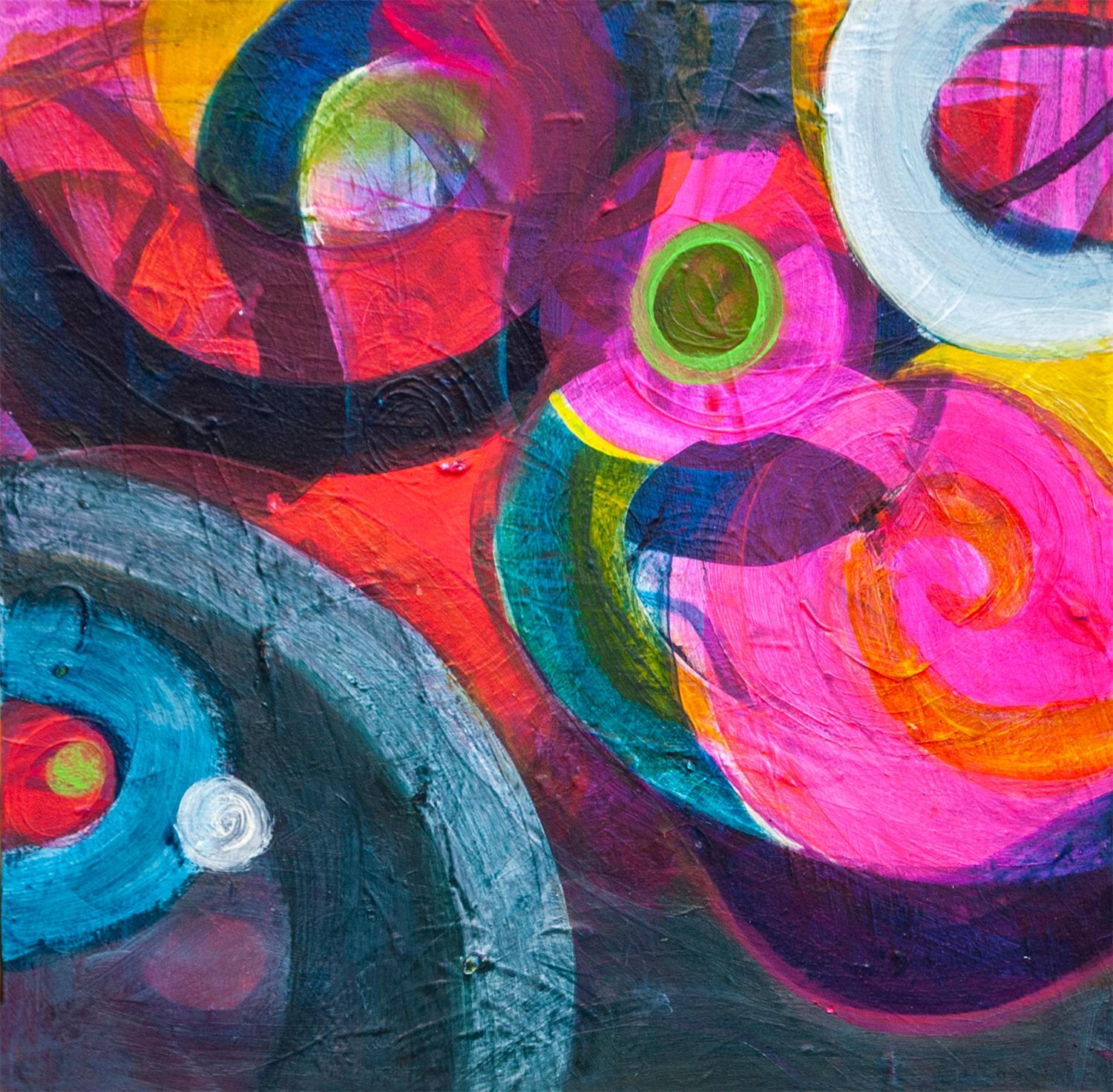 <p>Artist Comments<br />Many layers of circular shapes painted in deeply saturated colors. Pink, red, purple, blue, green and yellow contrast and blend together in textured unison.</p><br /><p>About the Artist<br />Ruth-Anne Siegel's vibrant floral