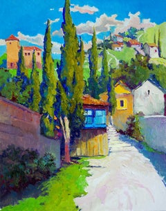 Sunny Day and Cypress Trees, Mediterranean Landscape, Oil Painting