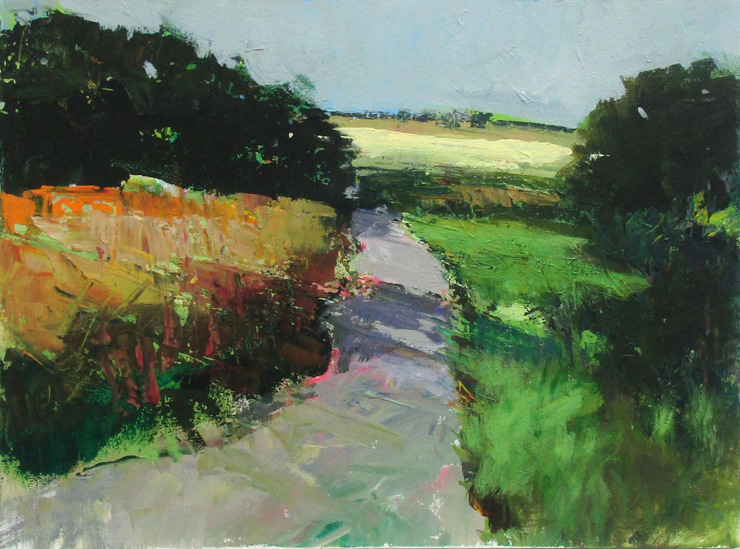Janet Dyer Landscape Painting - Path toward Yellow Field, Original Painting