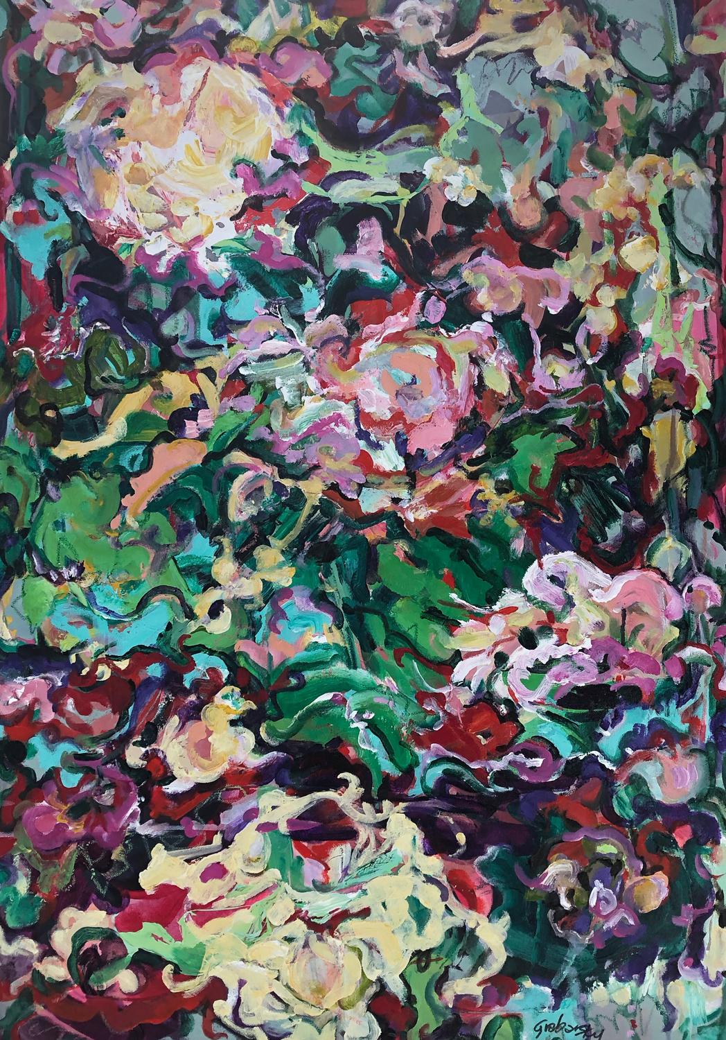 <p>Artist Comments<br />Part of Sheila's Fantasy Garden series of 20 paintings. Swirling pink, red, yellow, violet, blue and green intimate a vibrant summer scene. Action-oriented brushwork moves the eye throughout the composition. Sheila says