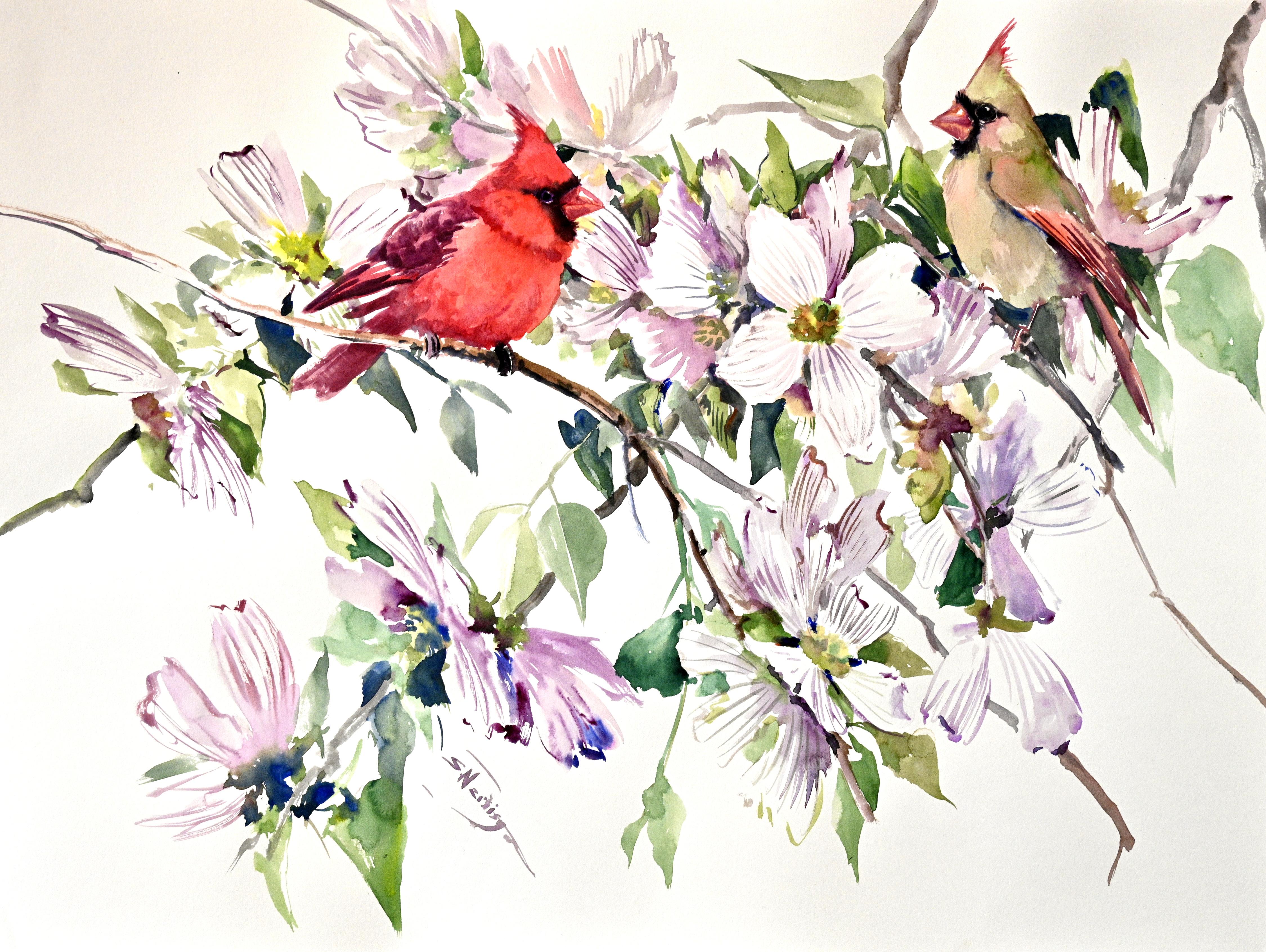 Cardinals and Dogwood, Original Painting