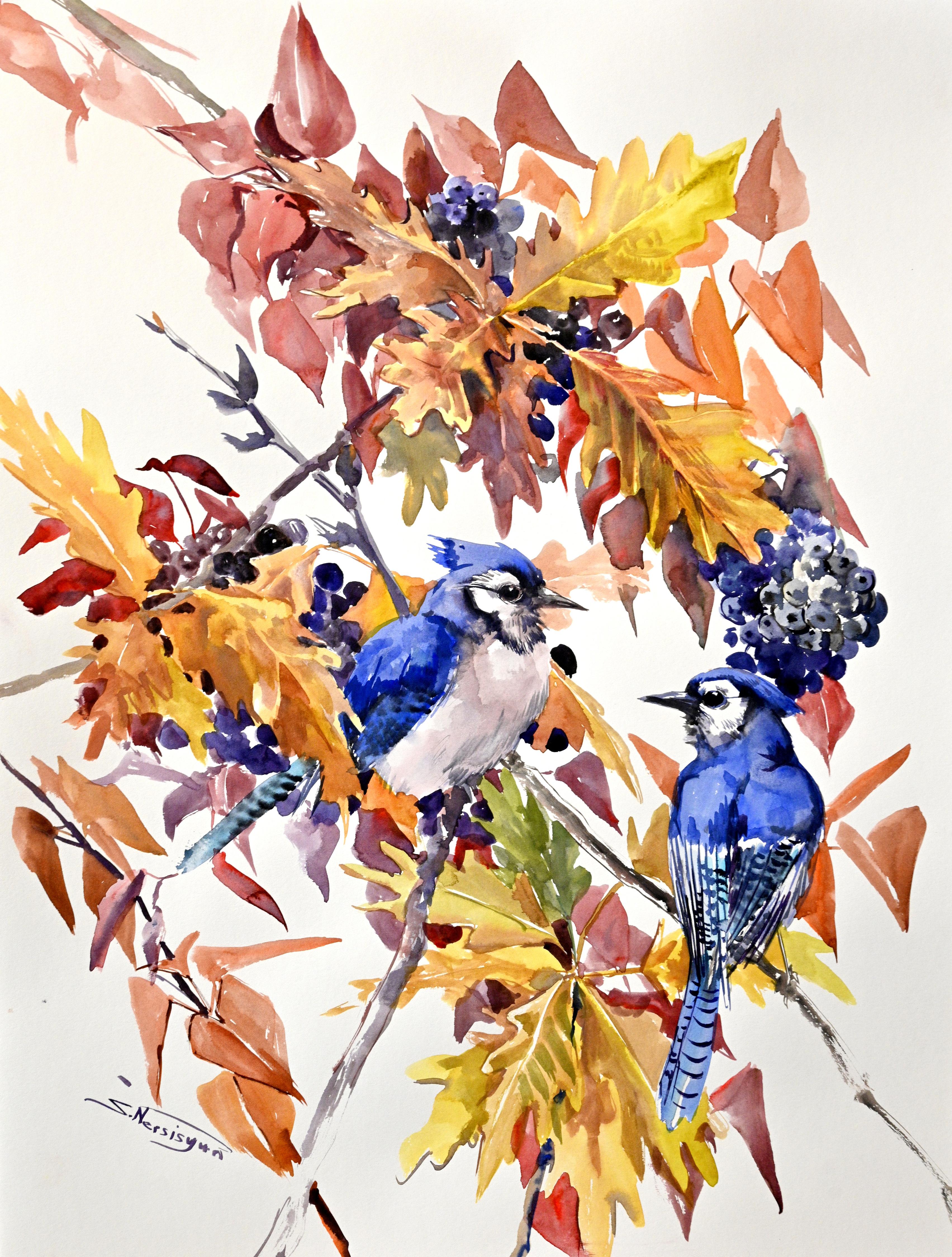 Suren Nersisyan Animal Art - Blue Jays in the Fall, Original Painting