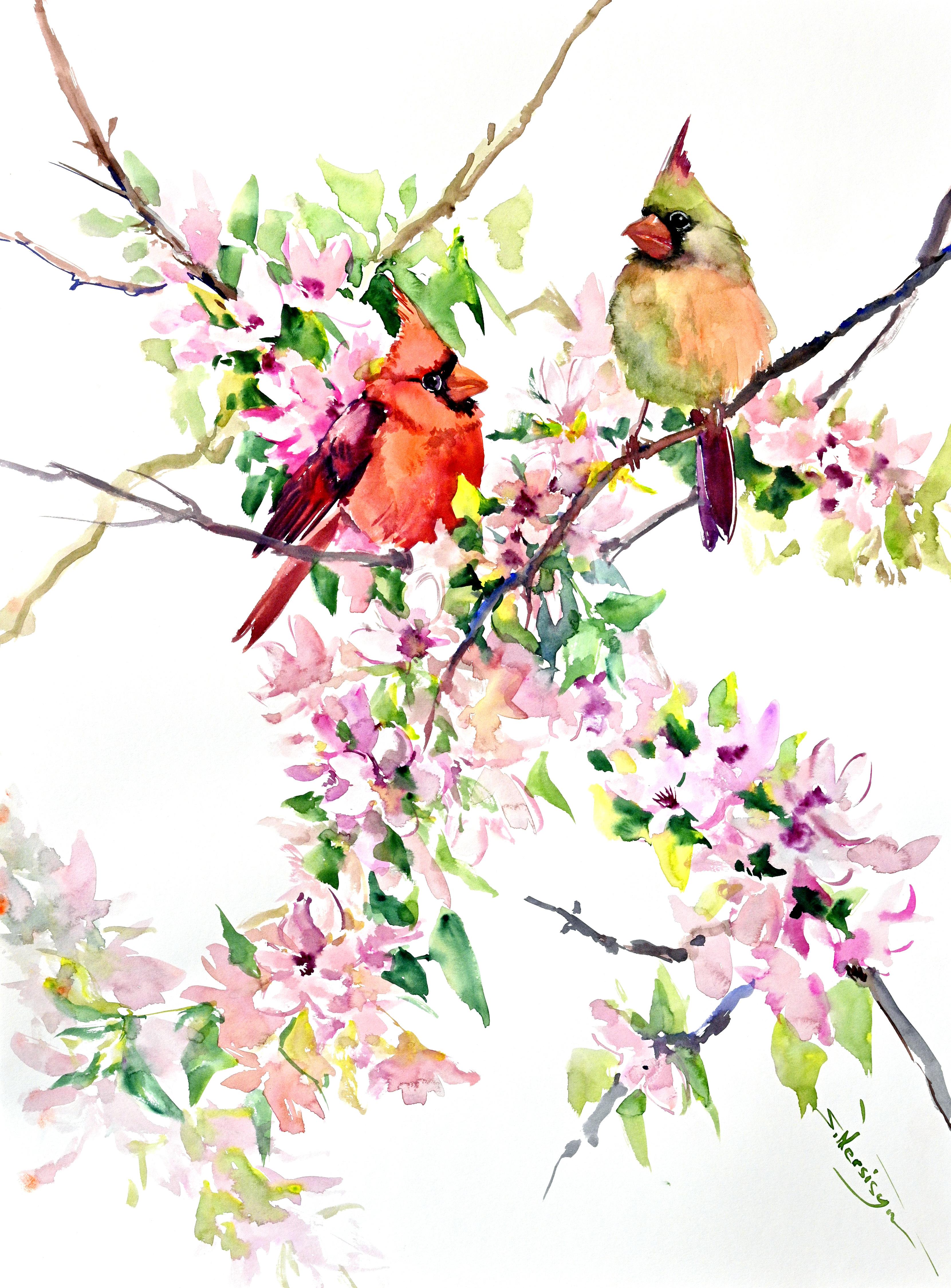 Cardinals and Cherry Blossom, Original Painting