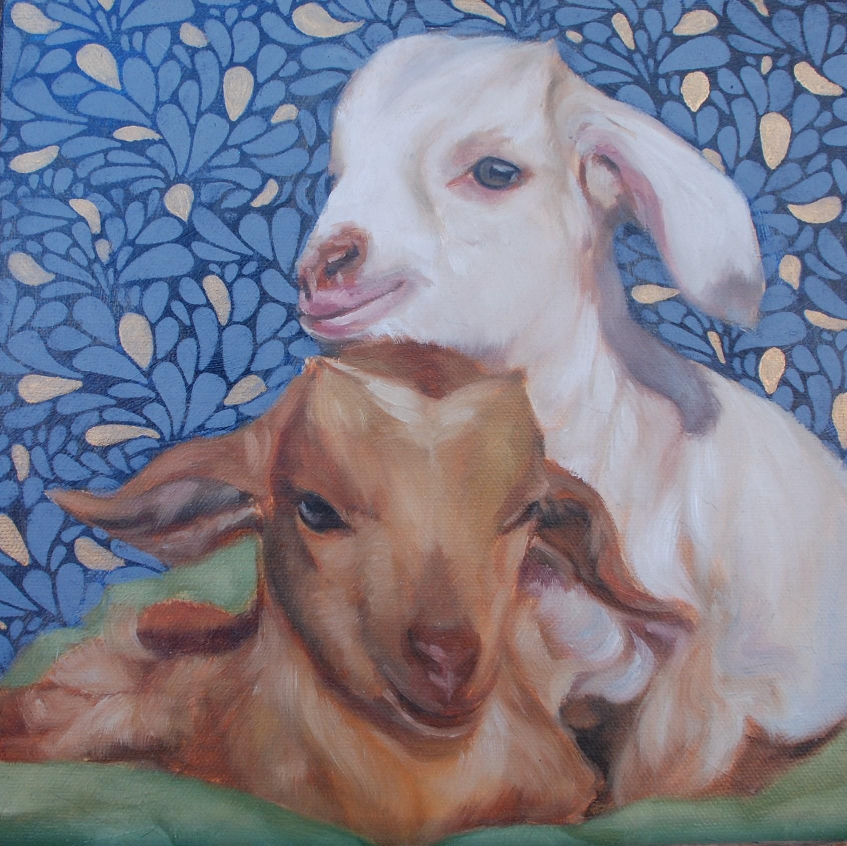 Dana Aldis Animal Painting - Baby Goats, Oil Painting