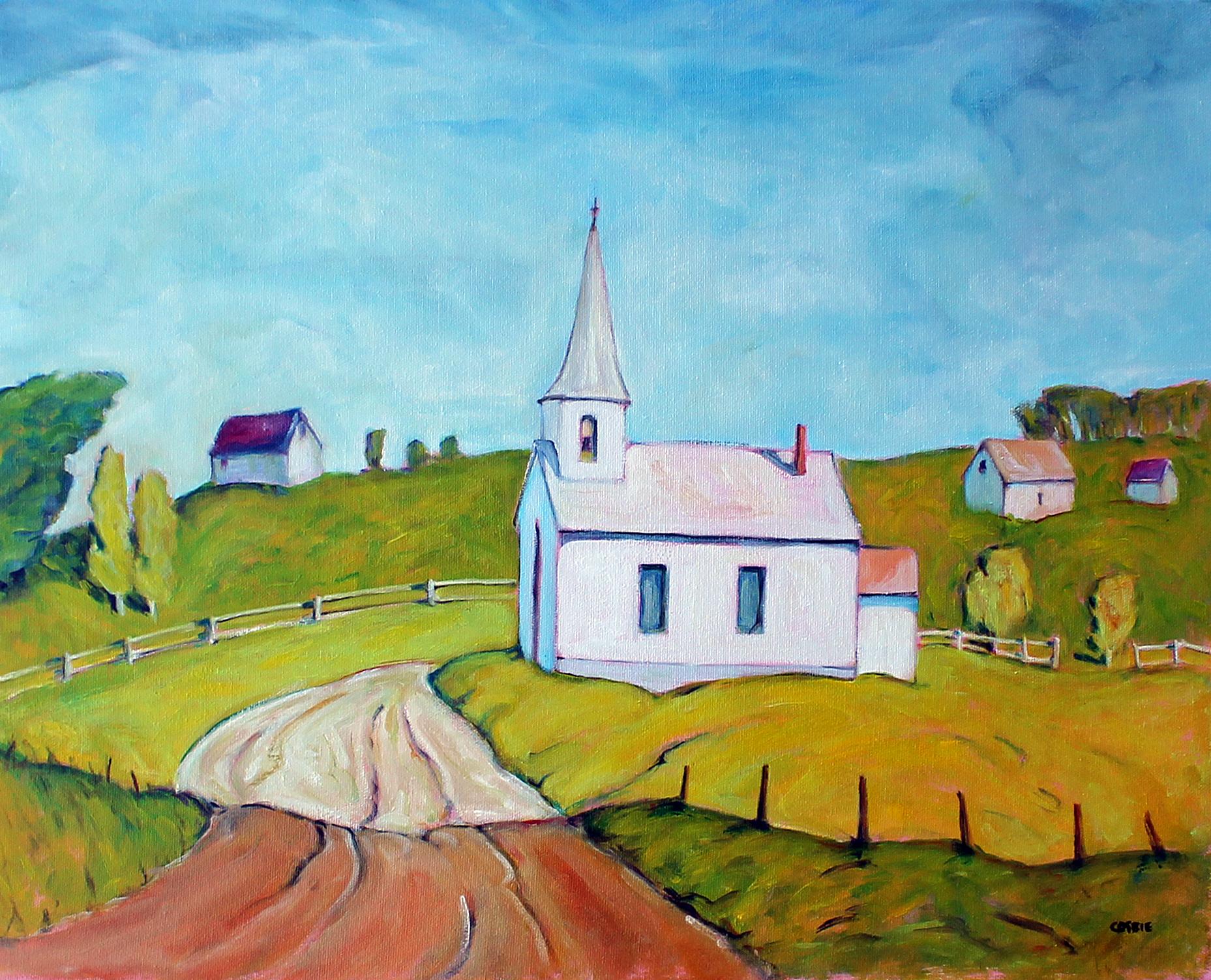 Landscape Painting Doug Cosbie - The White Church, Rumford Center, peinture à l'huile