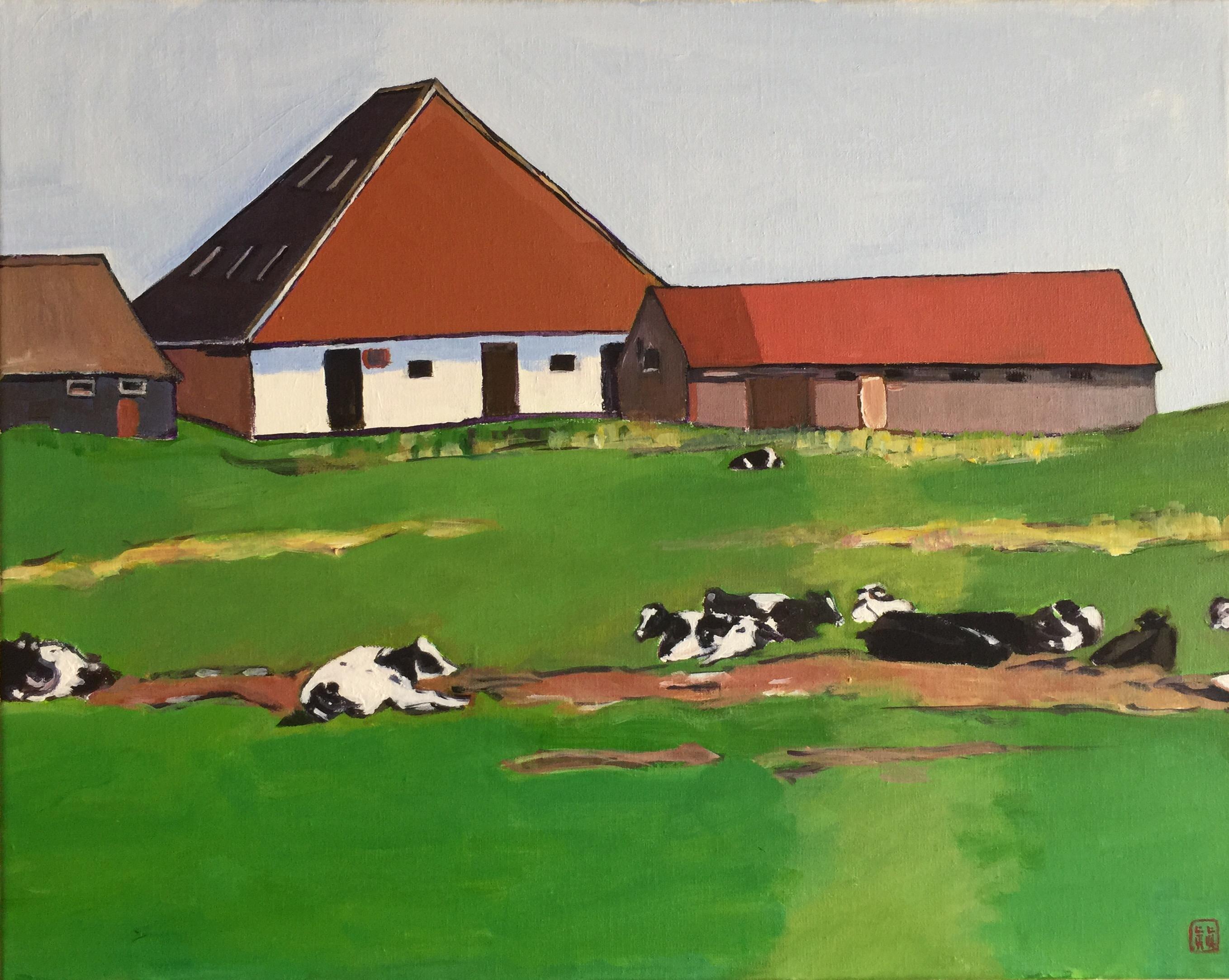 Laura (Yi Zhen) Chen Interior Painting - Farmhouse with Cows, Original Painting