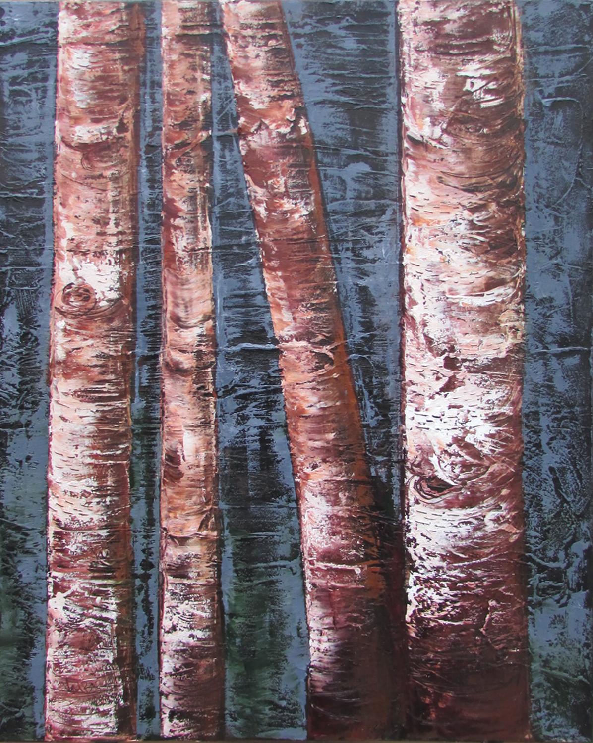Landscape Painting Valerie Berkely - Quatre troncs de bouleau, peinture à l'huile
