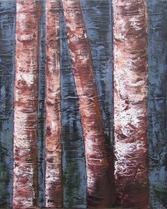 Quatre troncs de bouleau, peinture à l'huile