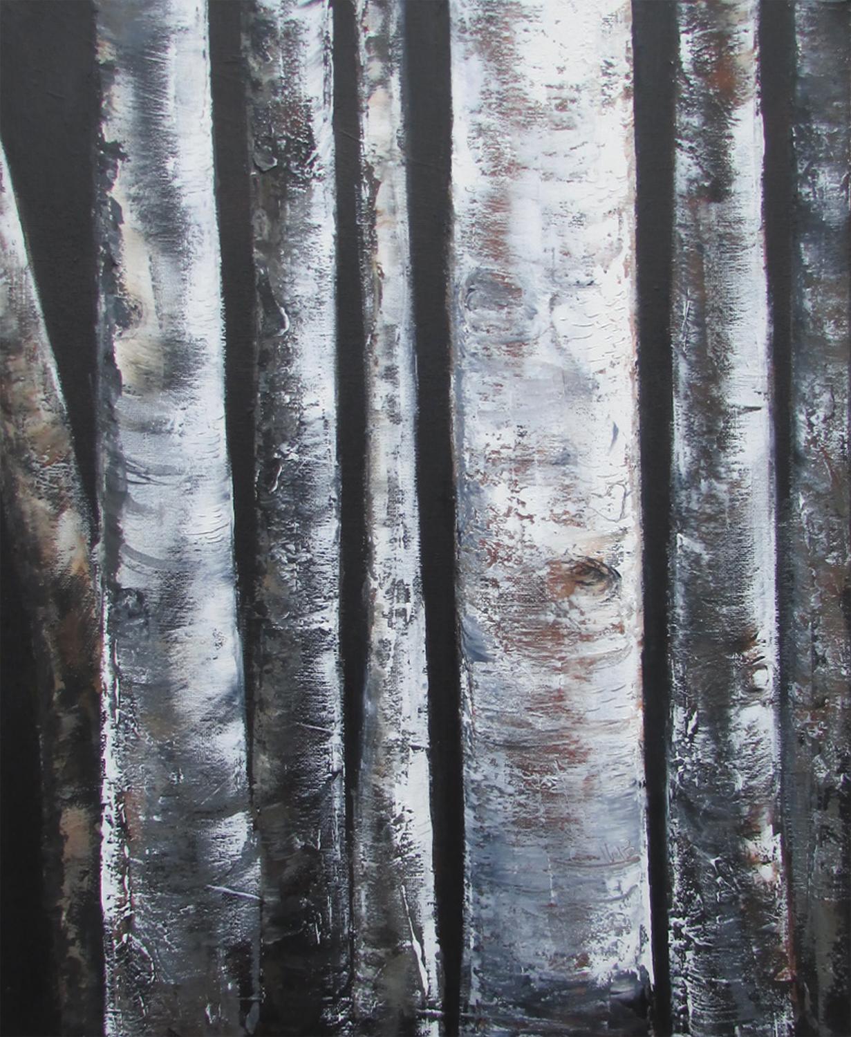 Valerie Berkely Landscape Painting - Seven Birch Trunks, Oil Painting