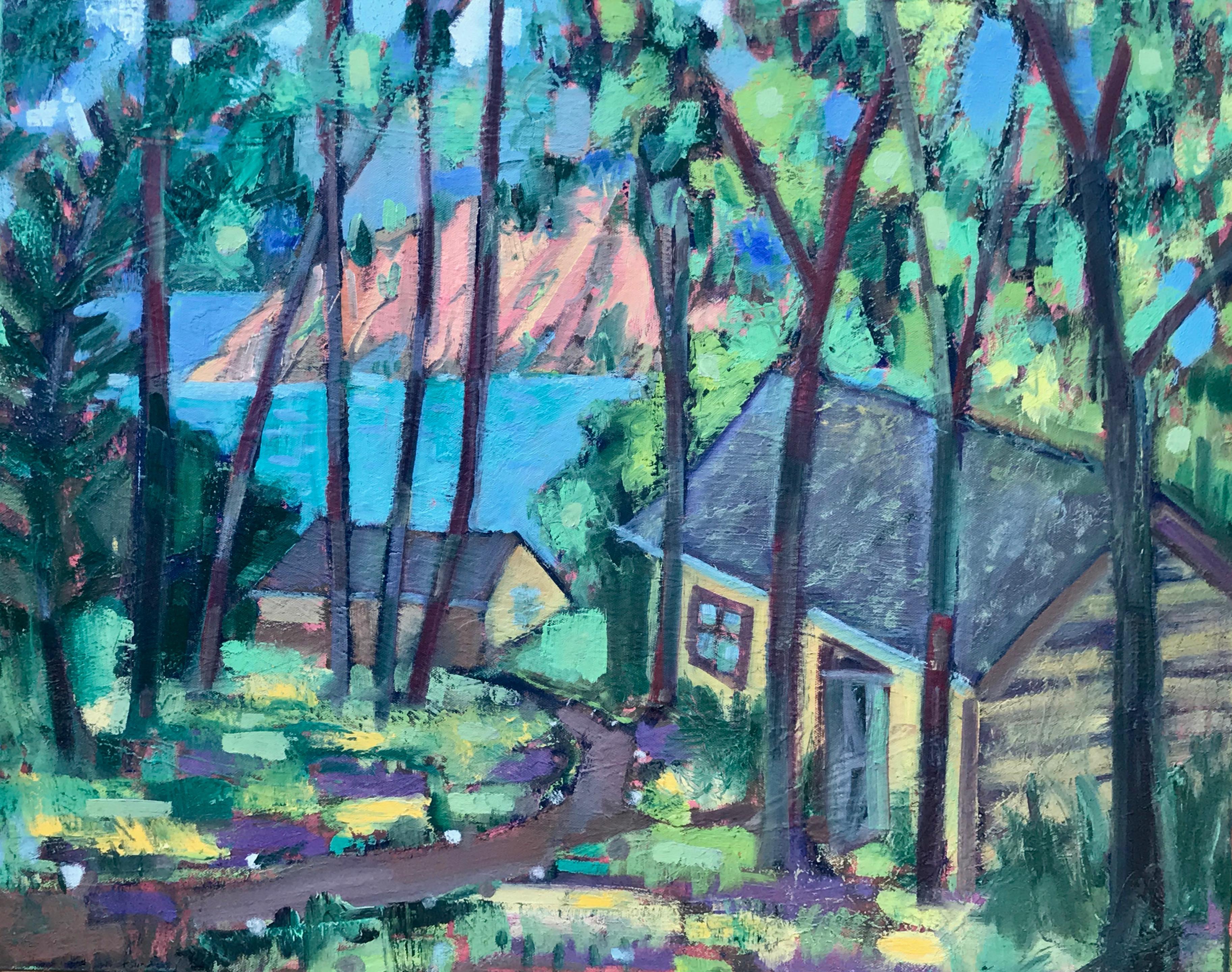 James Hartman Landscape Painting - Cabins by the Lake, Oil Painting