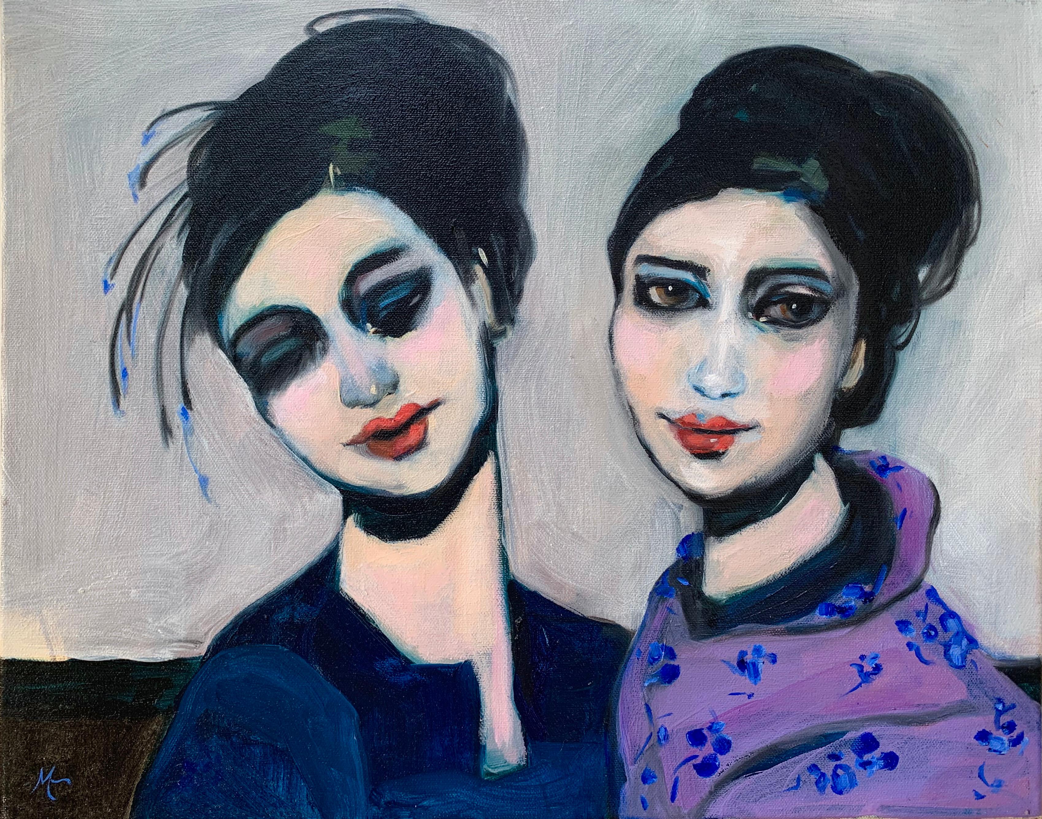 Malia Pettit Figurative Painting - Mauveine Geisha Sisters, Oil Painting