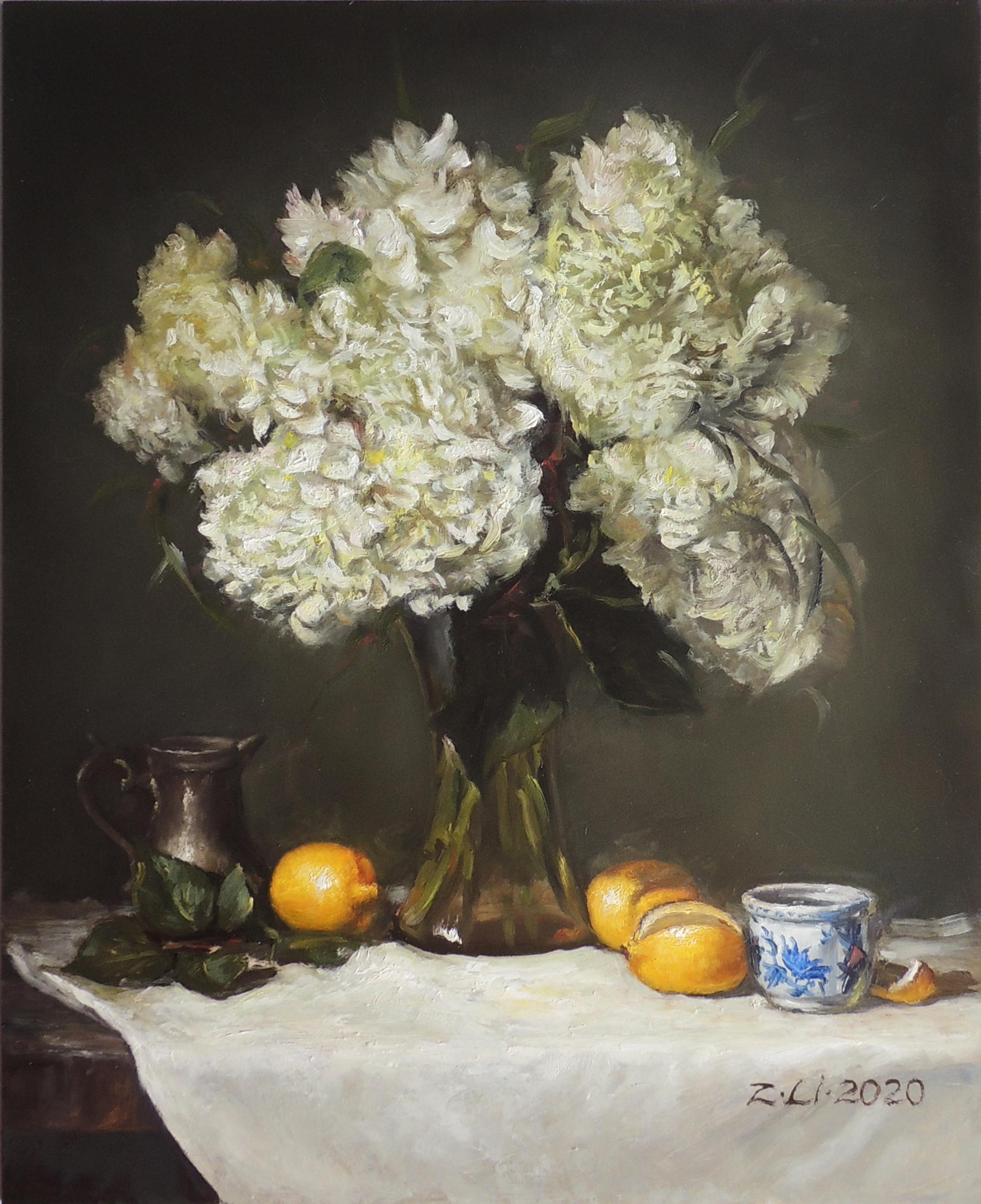 White Hydrangeas in Vase with Lemons, Oil Painting - Art by Zhi Li