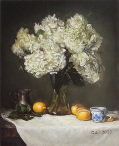 White Hydrangeas in Vase with Lemons, Oil Painting