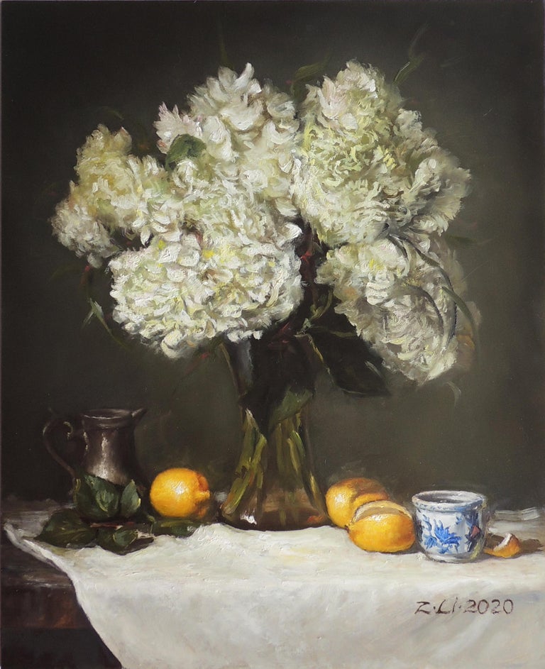 Zhi Li White Hydrangeas In Vase With Lemons Oil Painting For