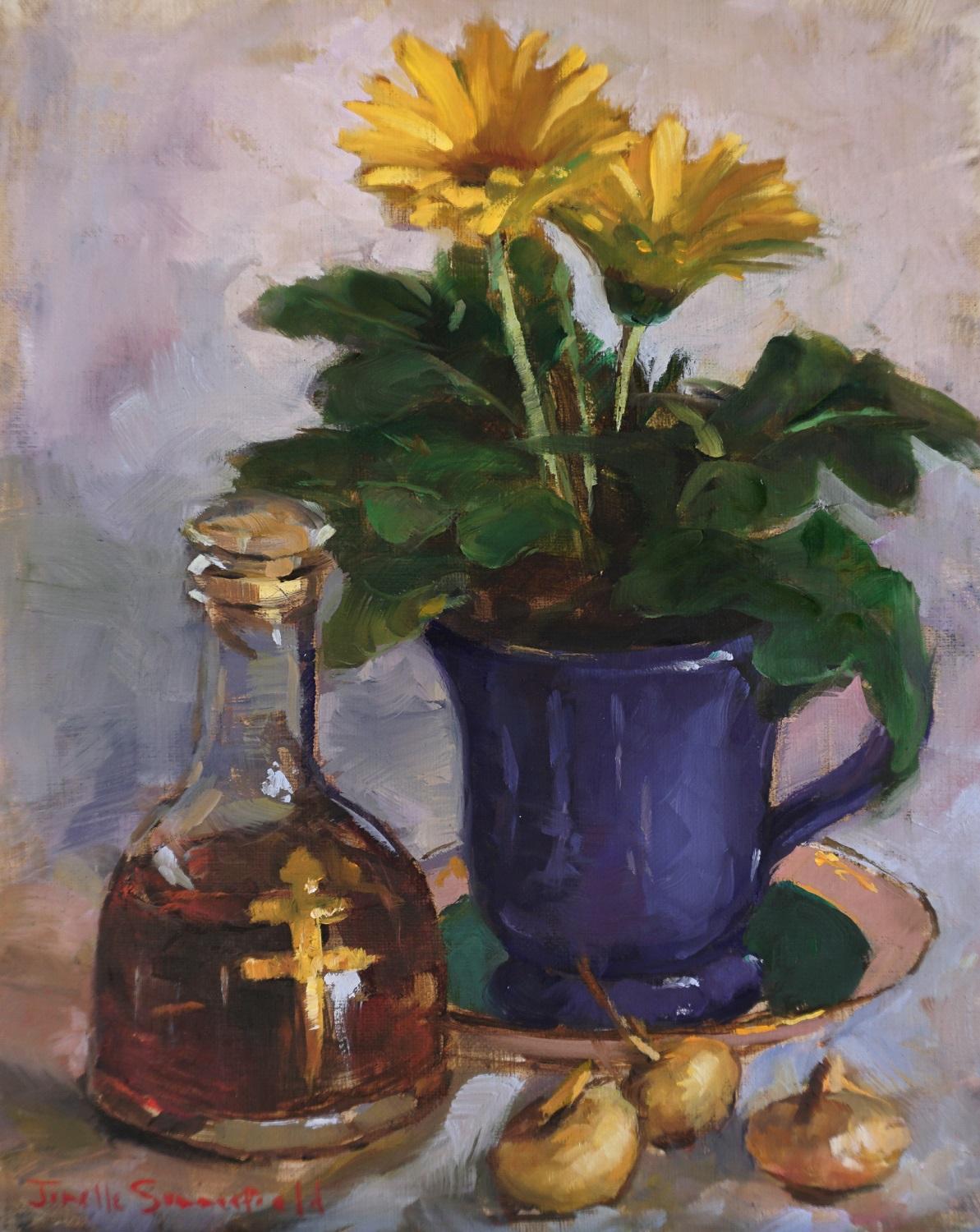 Jonelle Summerfield Still-Life Painting - Gerbera Daisies, Onions and Cognac, Oil Painting