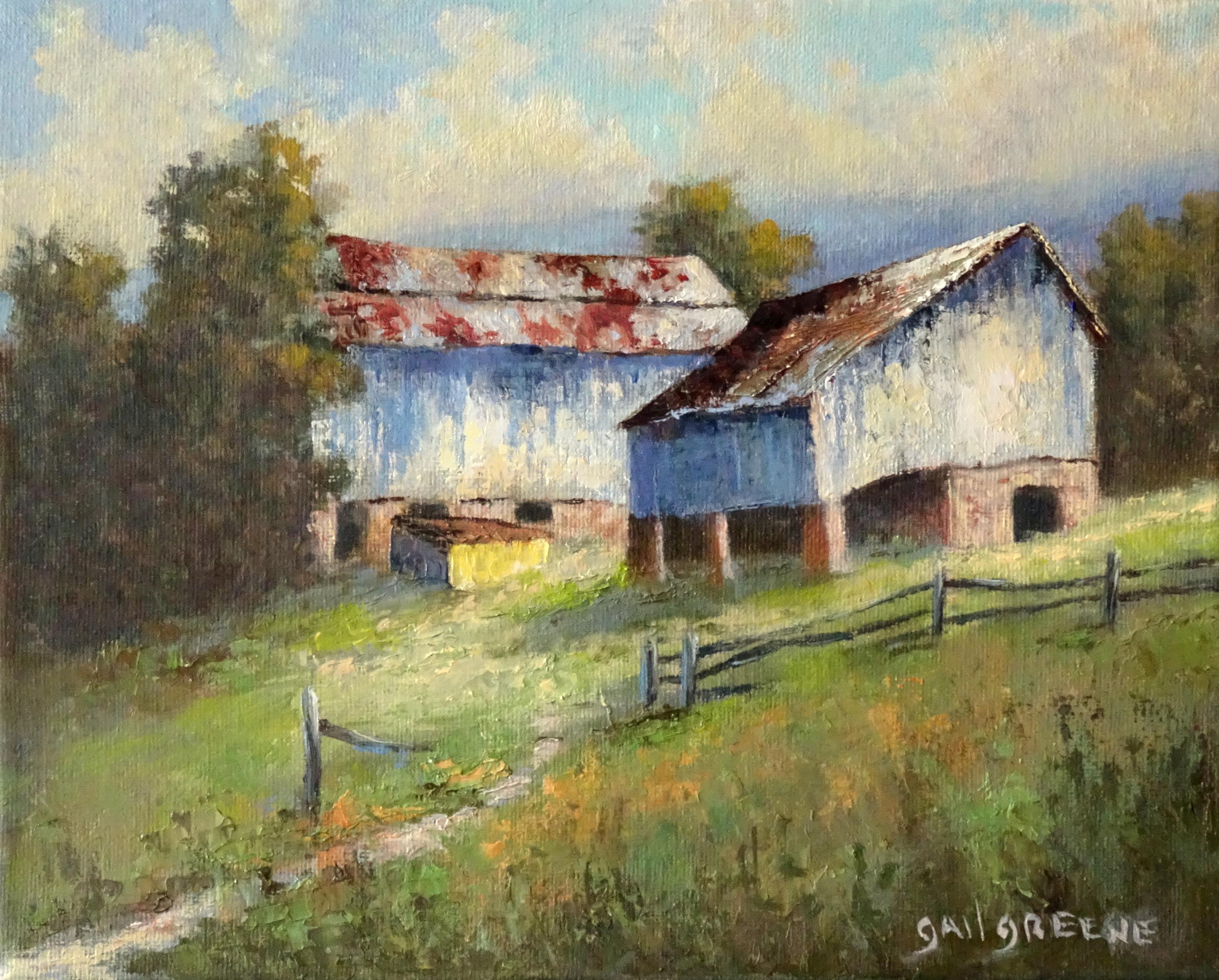 Blue Barns, Oil Painting - Art by Gail Greene