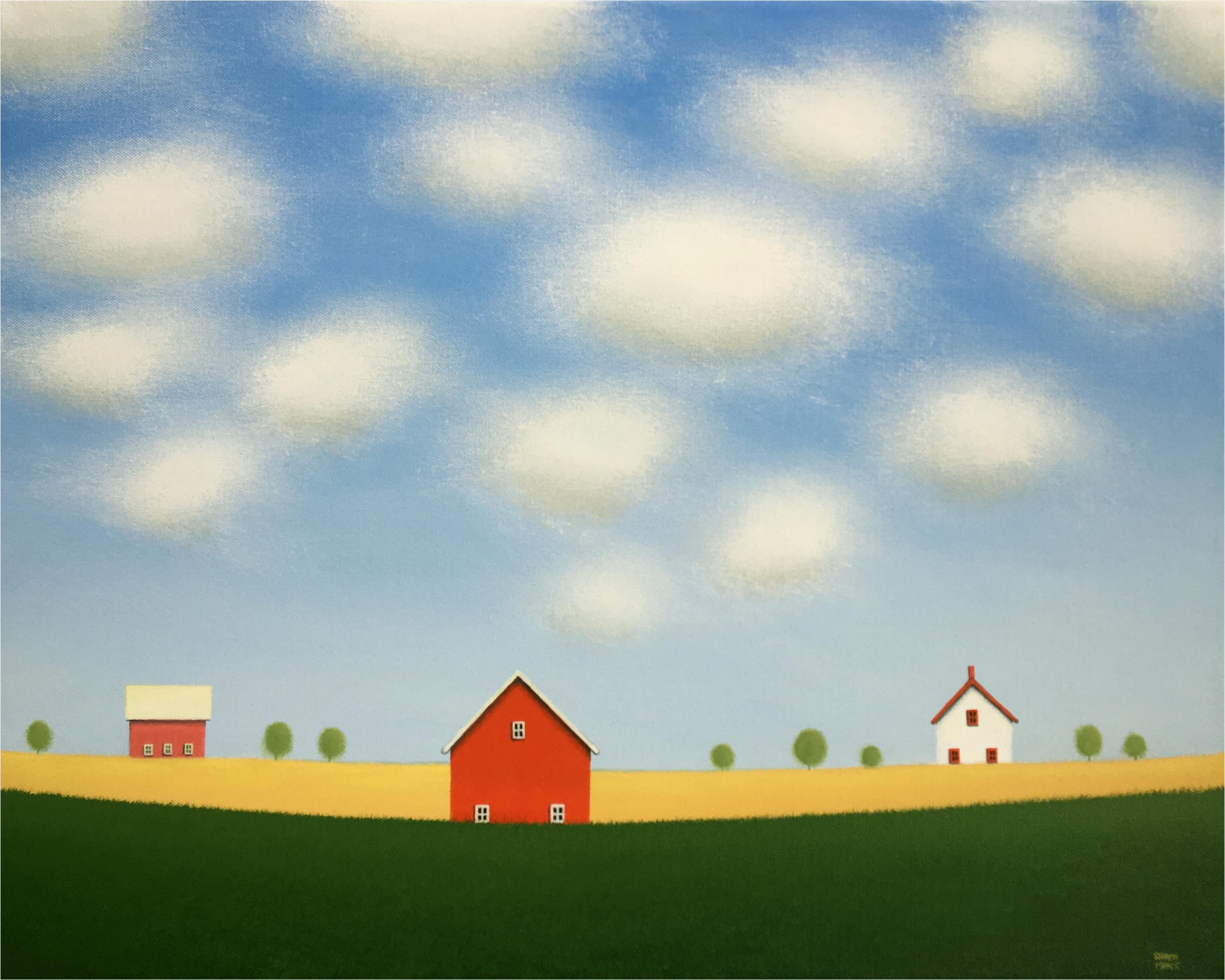 Landscape Painting Sharon  France - Peinture originale de grange rouge sur la vieille ferme
