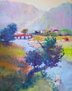 Paysage de soirée avec pont rouge, peinture à l'huile