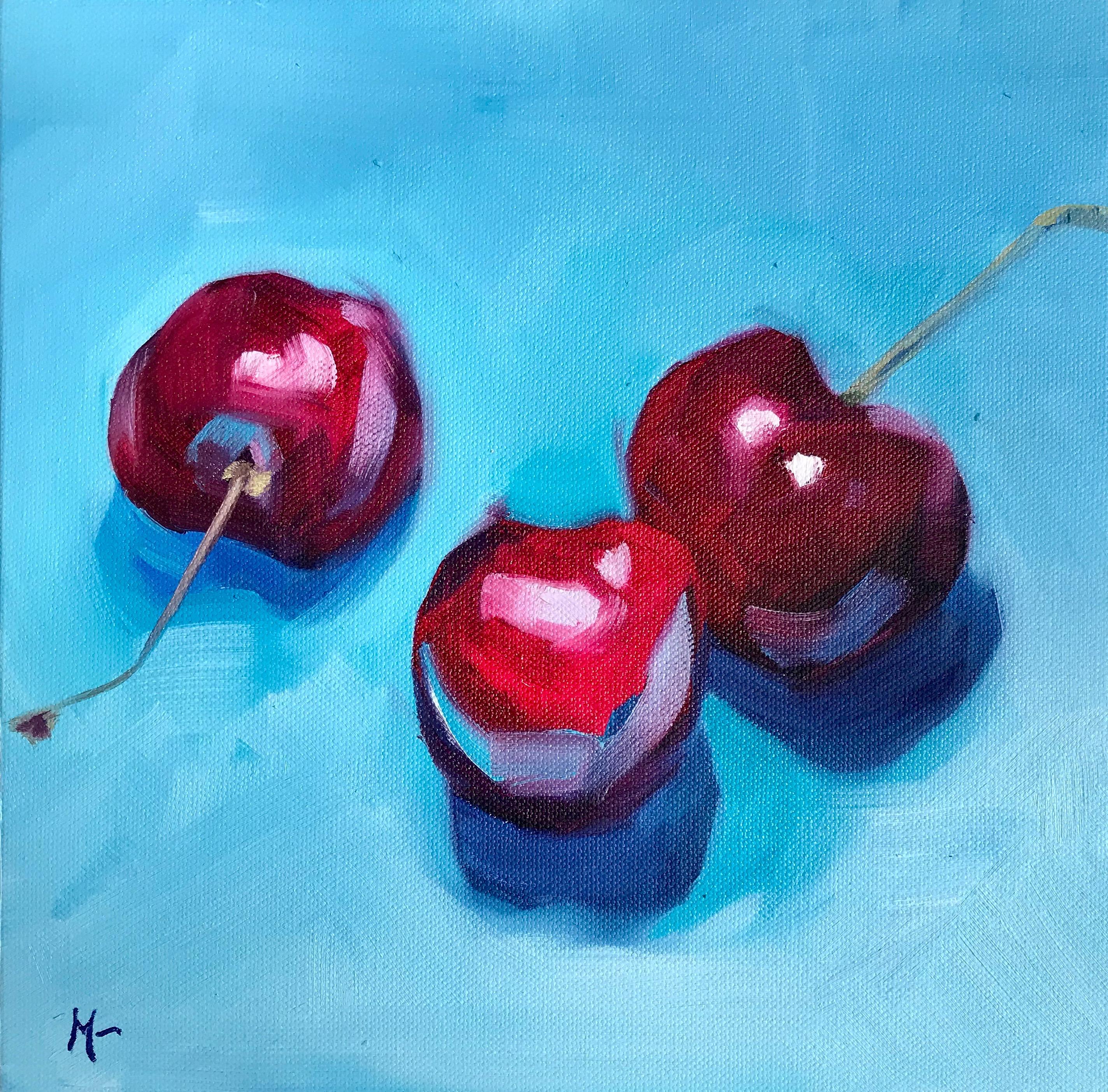 Malia Pettit Still-Life Painting - Three Cherries on Blue, Oil Painting