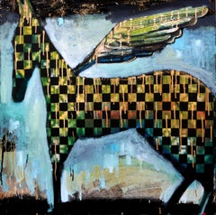 A Nighttime Checkered Horse With Wings, Original Painting