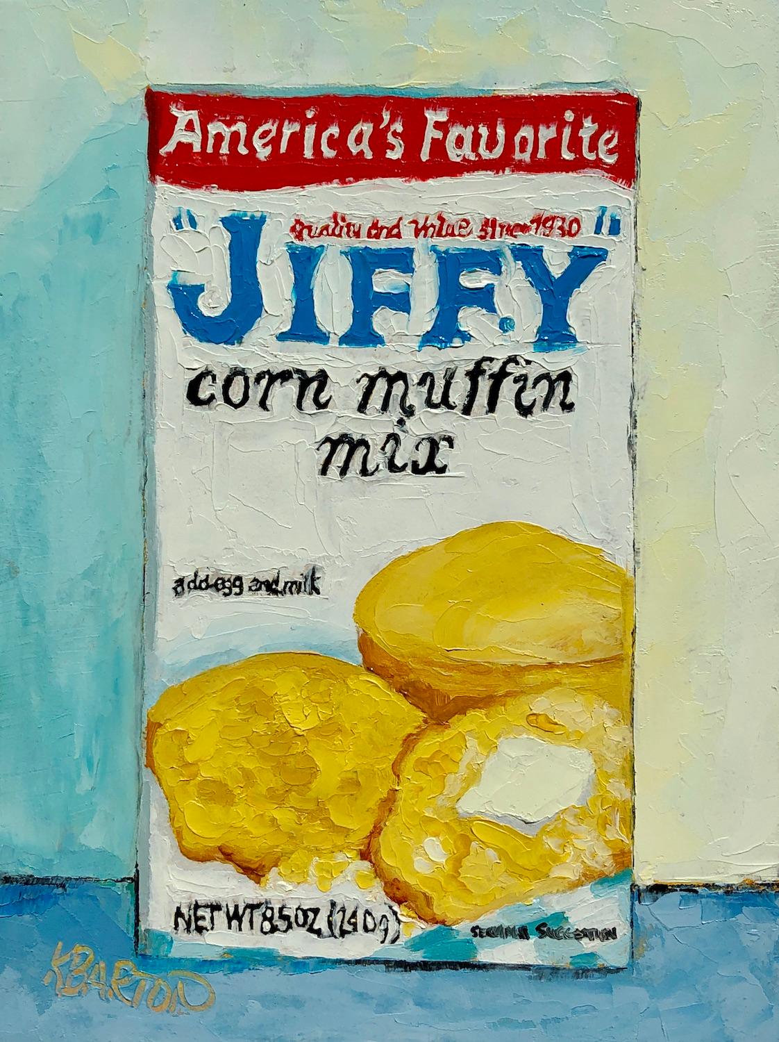 Karen Barton Still-Life Painting - Jiffy Muffin Mix, Oil Painting