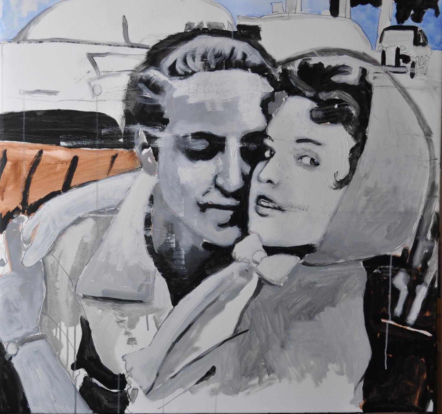 Figurative Painting di Mark Cudd - Cammina per la città molto velocemente, Pittura originale