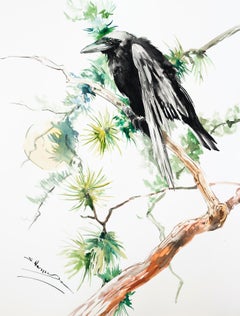 Raven, Moon and Pine Tree, Original Painting