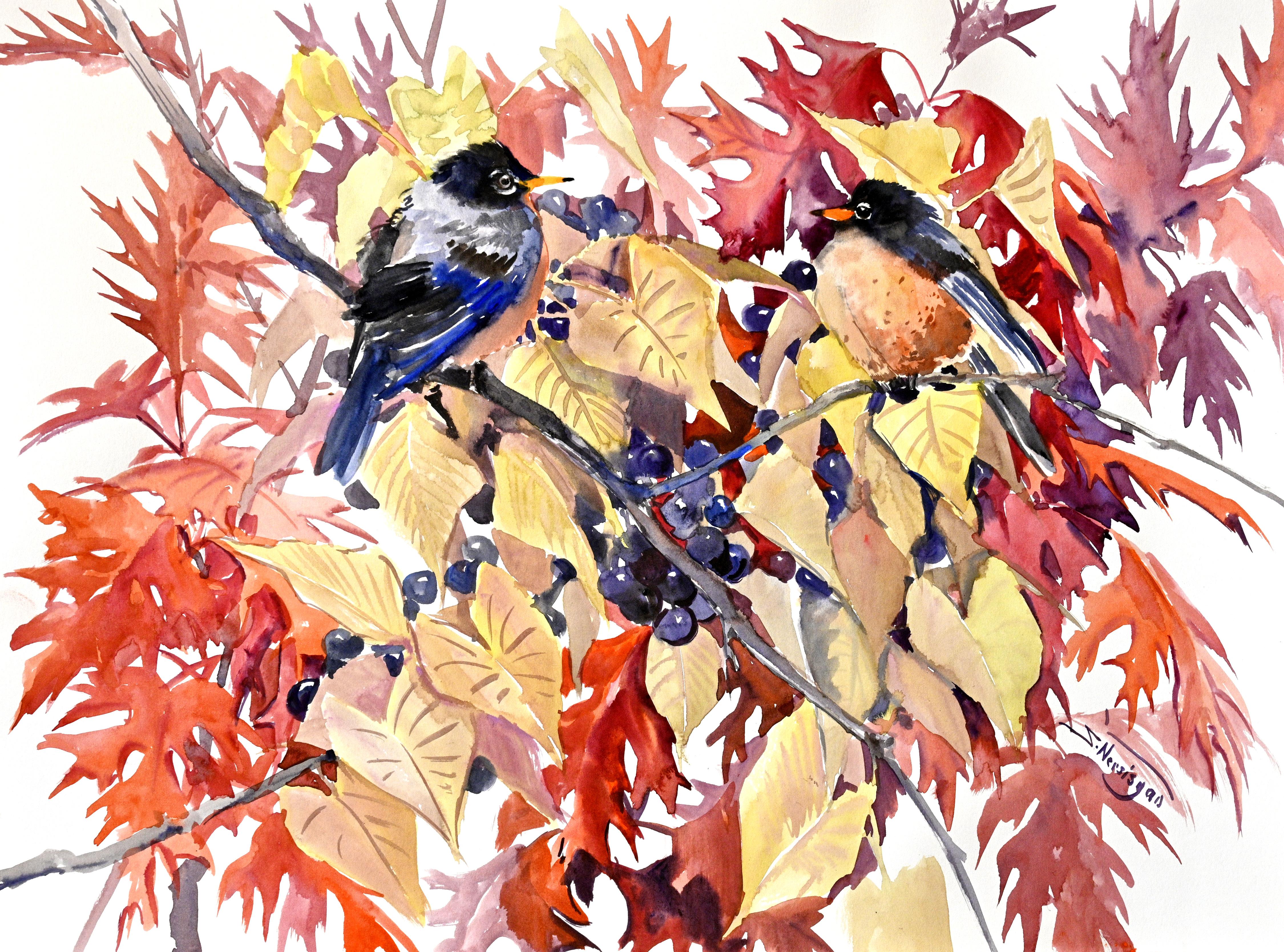 American Robins and Fall Foliage, Original Painting