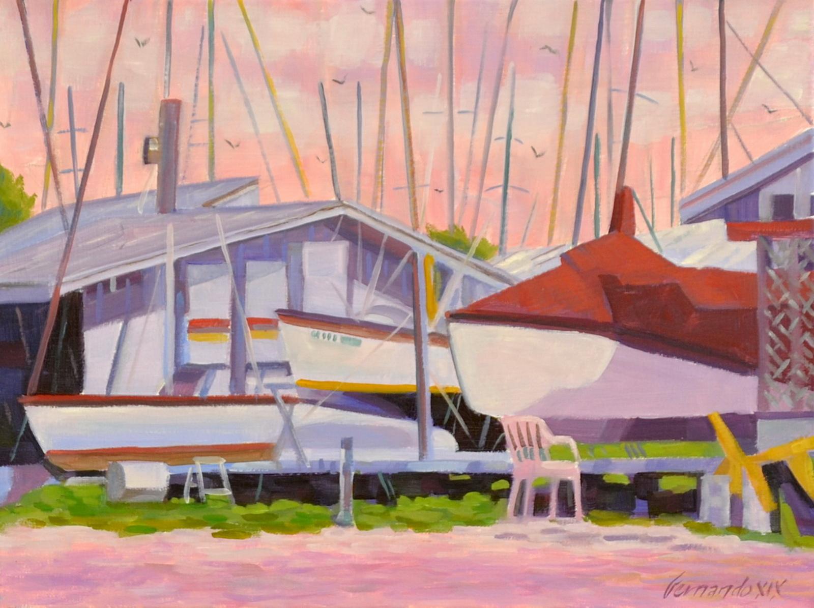 Fernando Soler Landscape Painting – Island Boat Yard, Ölgemälde