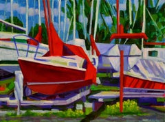 Peinture à l'huile - Bateaux au repos