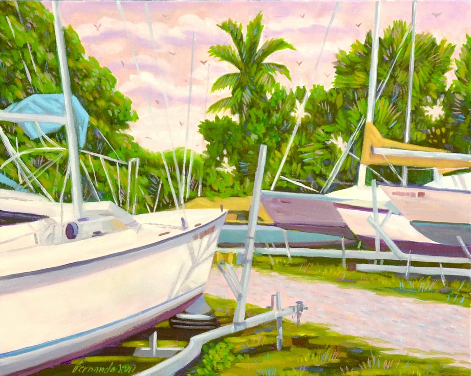 Landscape Painting Fernando Soler - Yard de bateau de Sarasota, peinture à l'huile