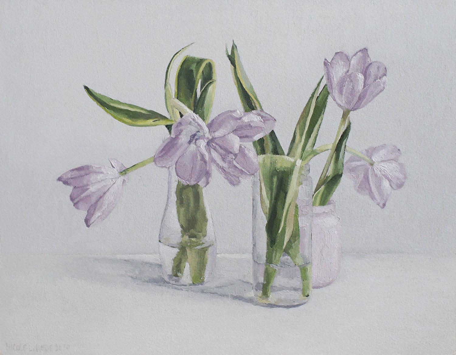 Still-Life Painting Nicole Lamothe - Peinture à l'huile, tulipes violettes pâles