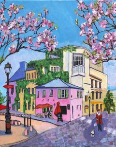 Used Pink Cafe with Pink Blossom, Original Painting