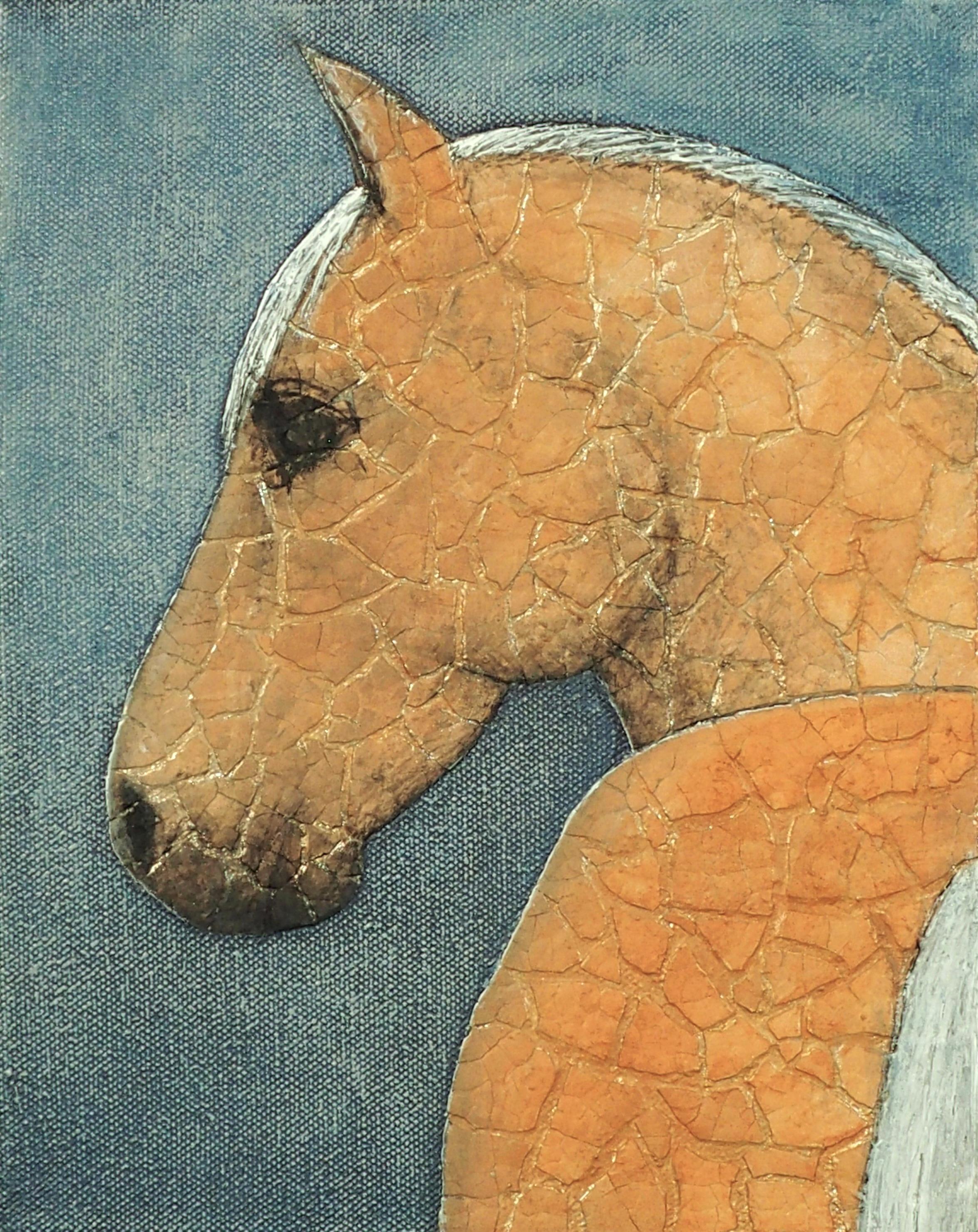 Kintsugi Horse - Palomino on Denim, Original Painting - Mixed Media Art by Jennifer Ross
