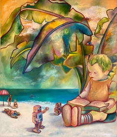Peinture à l'huile - « Barely a Breeze on Cucumber Beach » (Une brise sur une plage cubique)