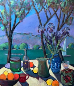 Tavolo sulla baia con iris, Pittura ad olio