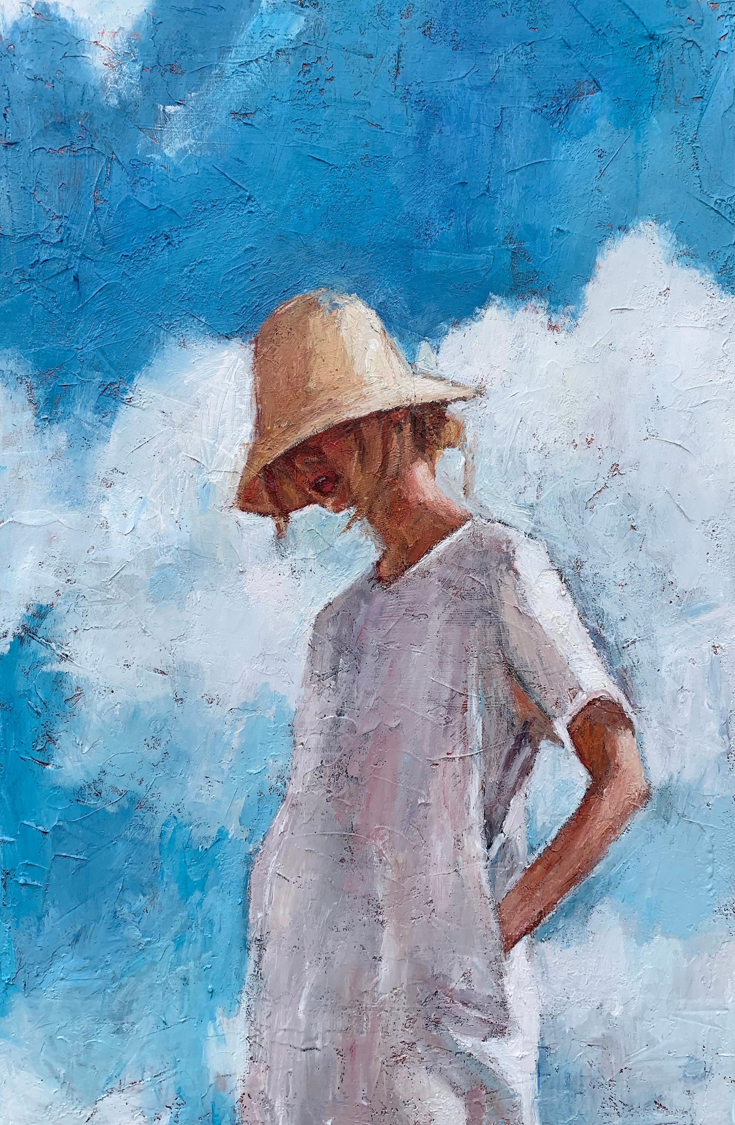Nava Lundy Figurative Painting - Head in the Clouds, Original Painting