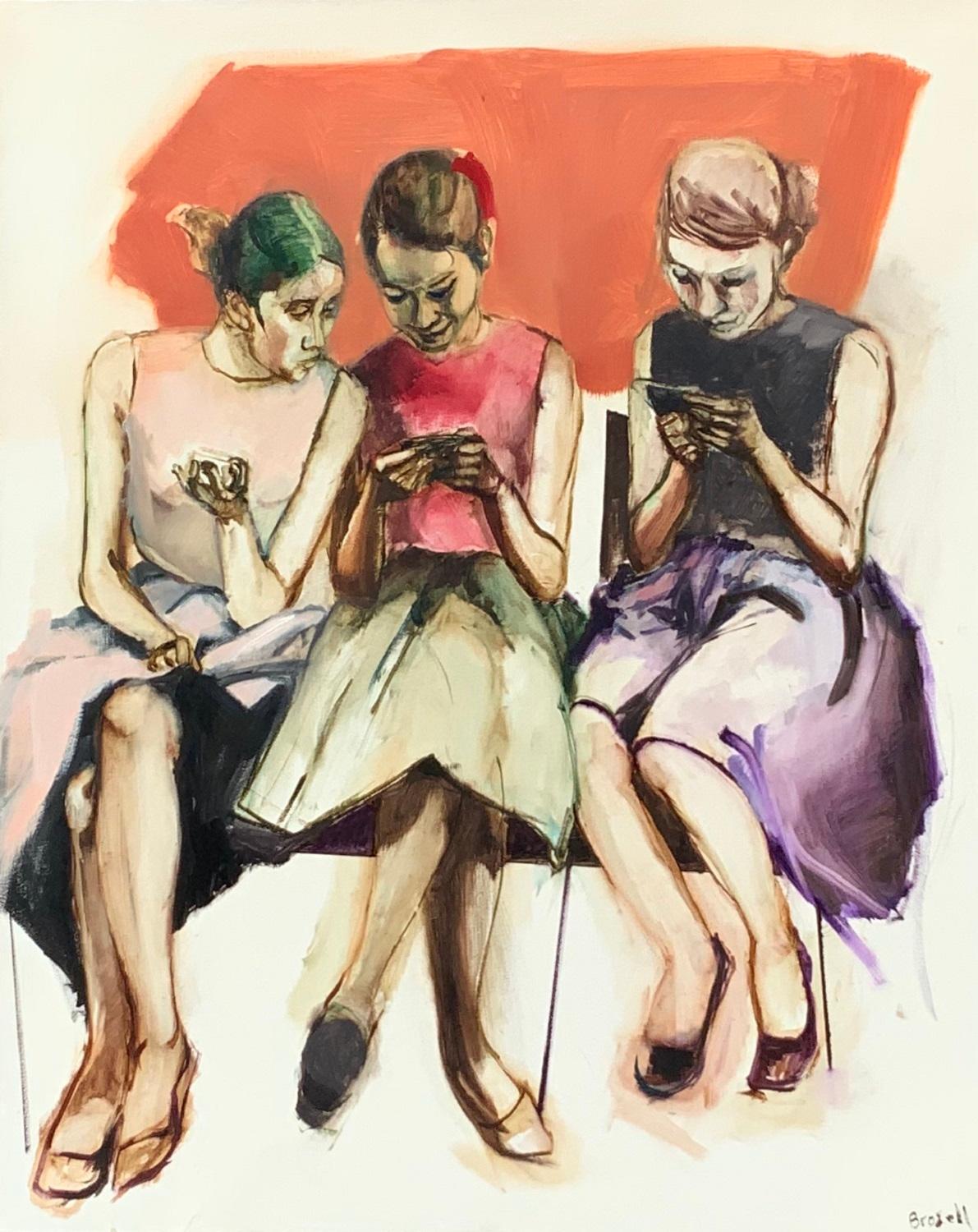 Liz Brozell Figurative Painting - 3 Women Texting, Oil Painting