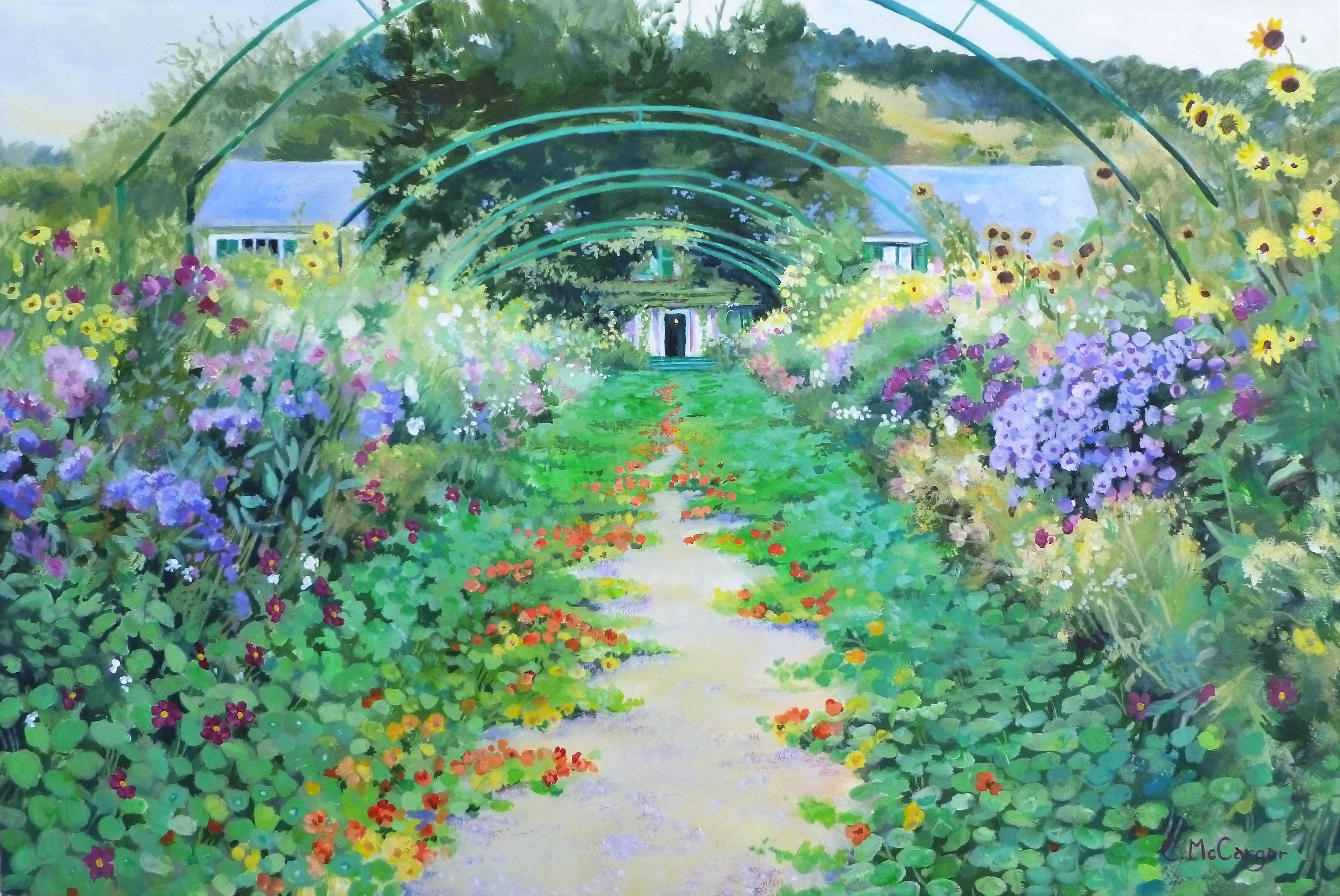 Chemin arqué dans le jardin de Monet, Giverny, peinture originale - Art de Catherine McCargar