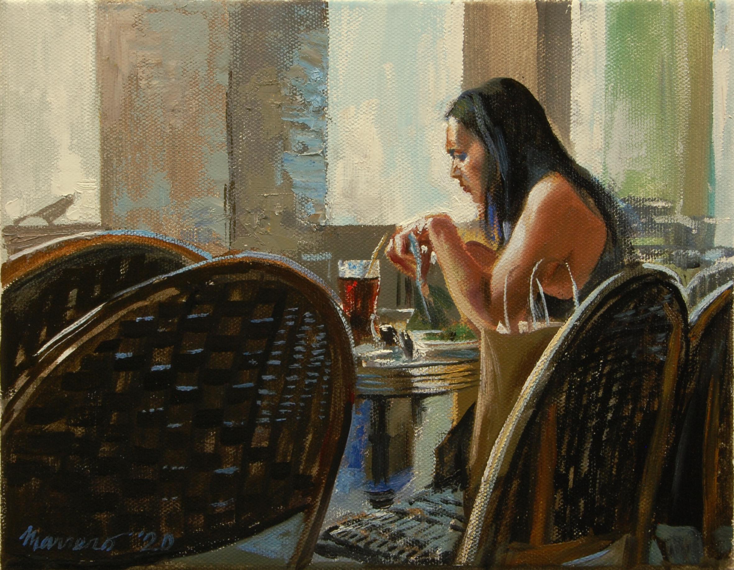 Onelio Marrero Figurative Painting - A Break from Shopping, Oil Painting