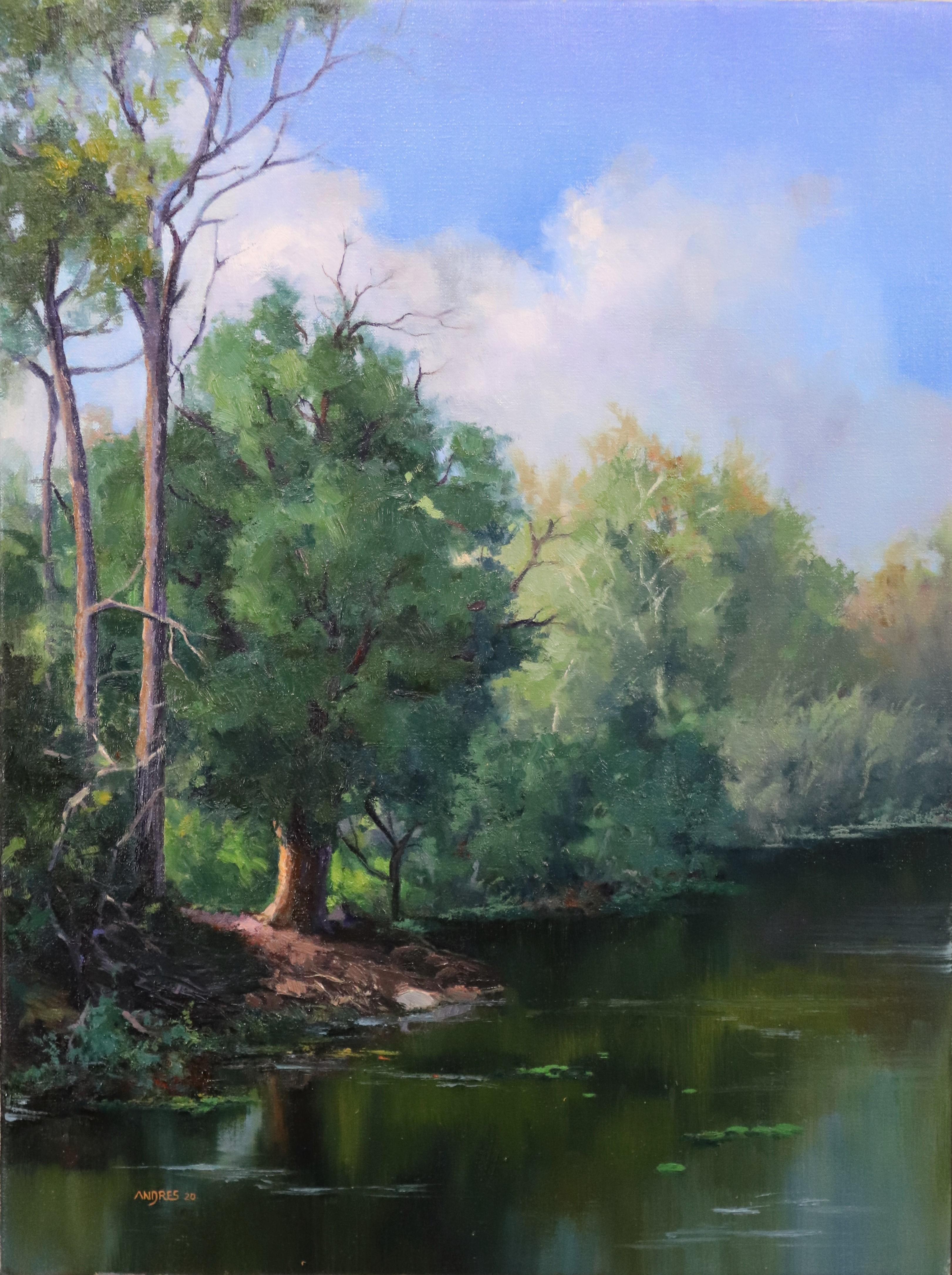 Andres Lopez Landscape Painting - Afternoon by the Riverside, Oil Painting