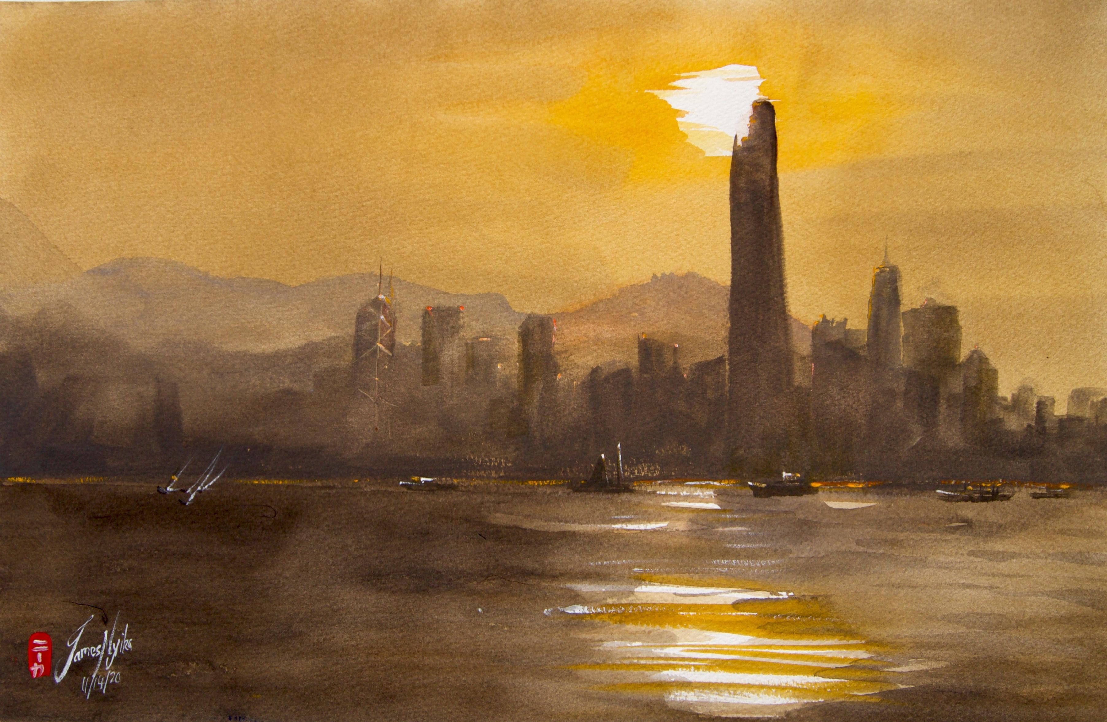 Watercolor Original Signed Watercolor Painting of the Hong Kong Harbor